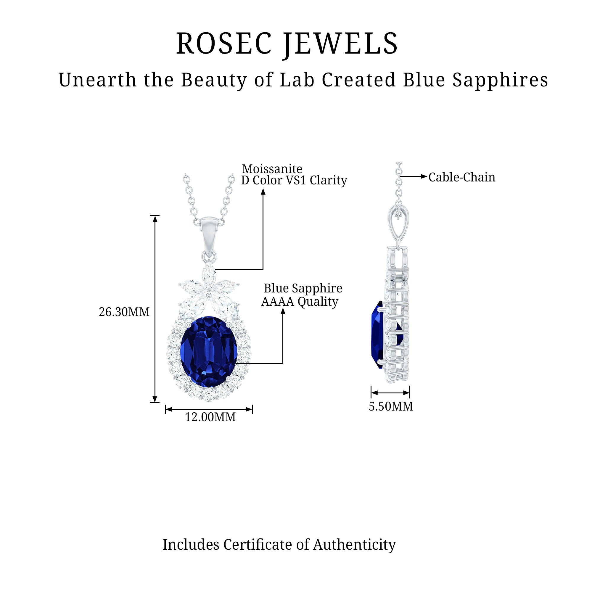 Oval Cut Created Blue Sapphire and Moissanite Floral Statement Pendant Lab Created Blue Sapphire - ( AAAA ) - Quality - Rosec Jewels