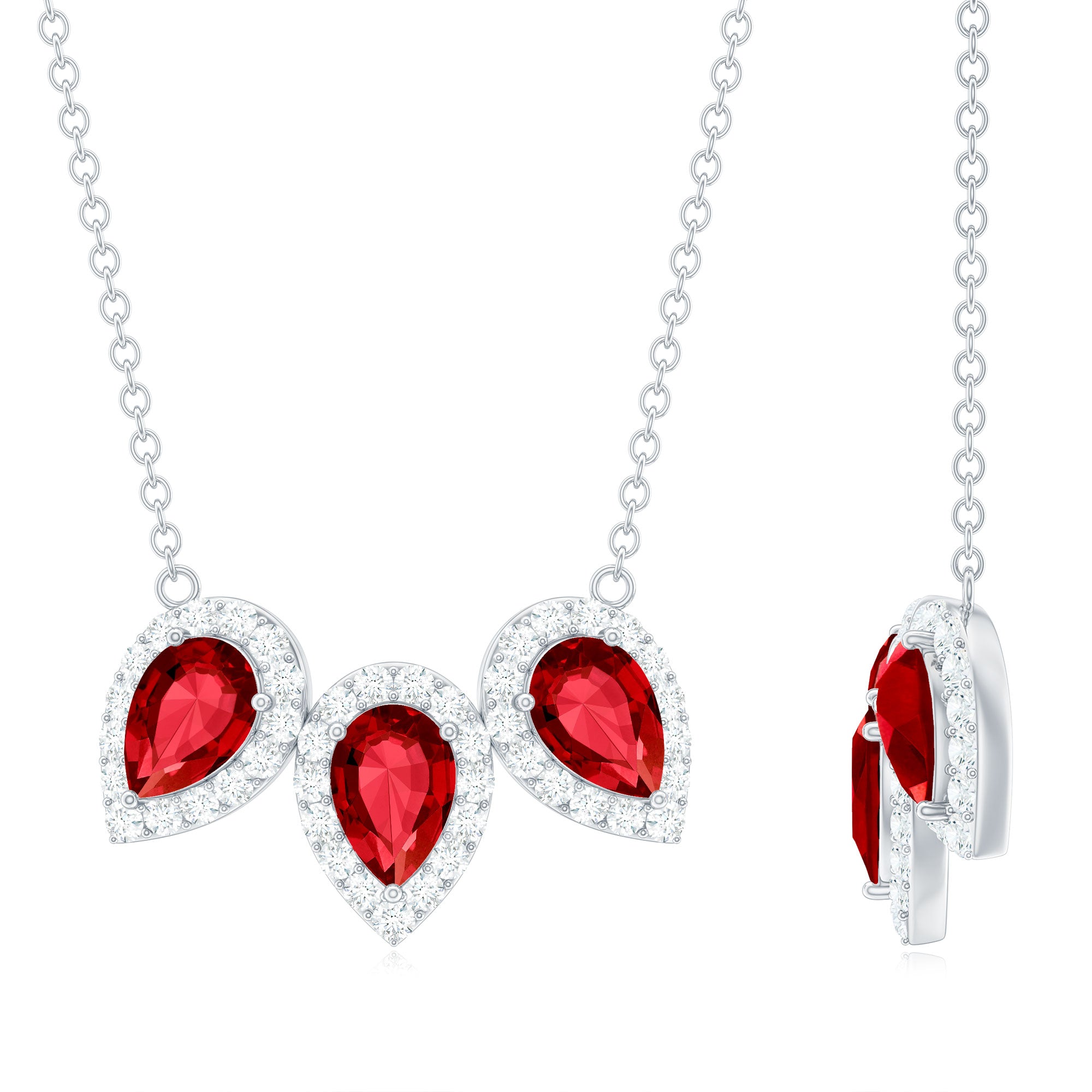 Three Pear Cut Created Ruby and Moissanite Halo Leaf Necklace in Silver - Rosec Jewels