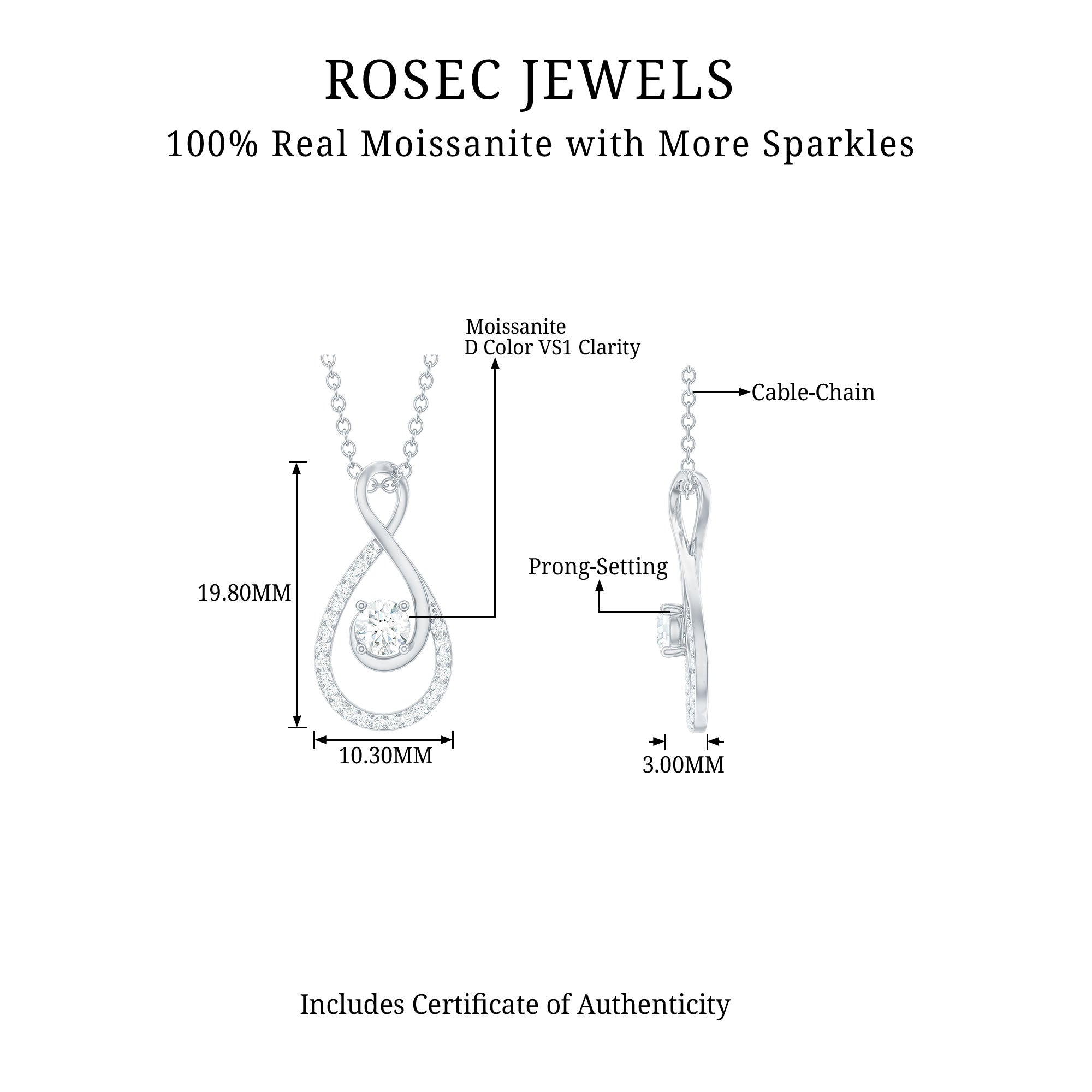 Certified Moissanite Infinity Drop Pendant Necklace Moissanite - ( D-VS1 ) - Color and Clarity - Rosec Jewels