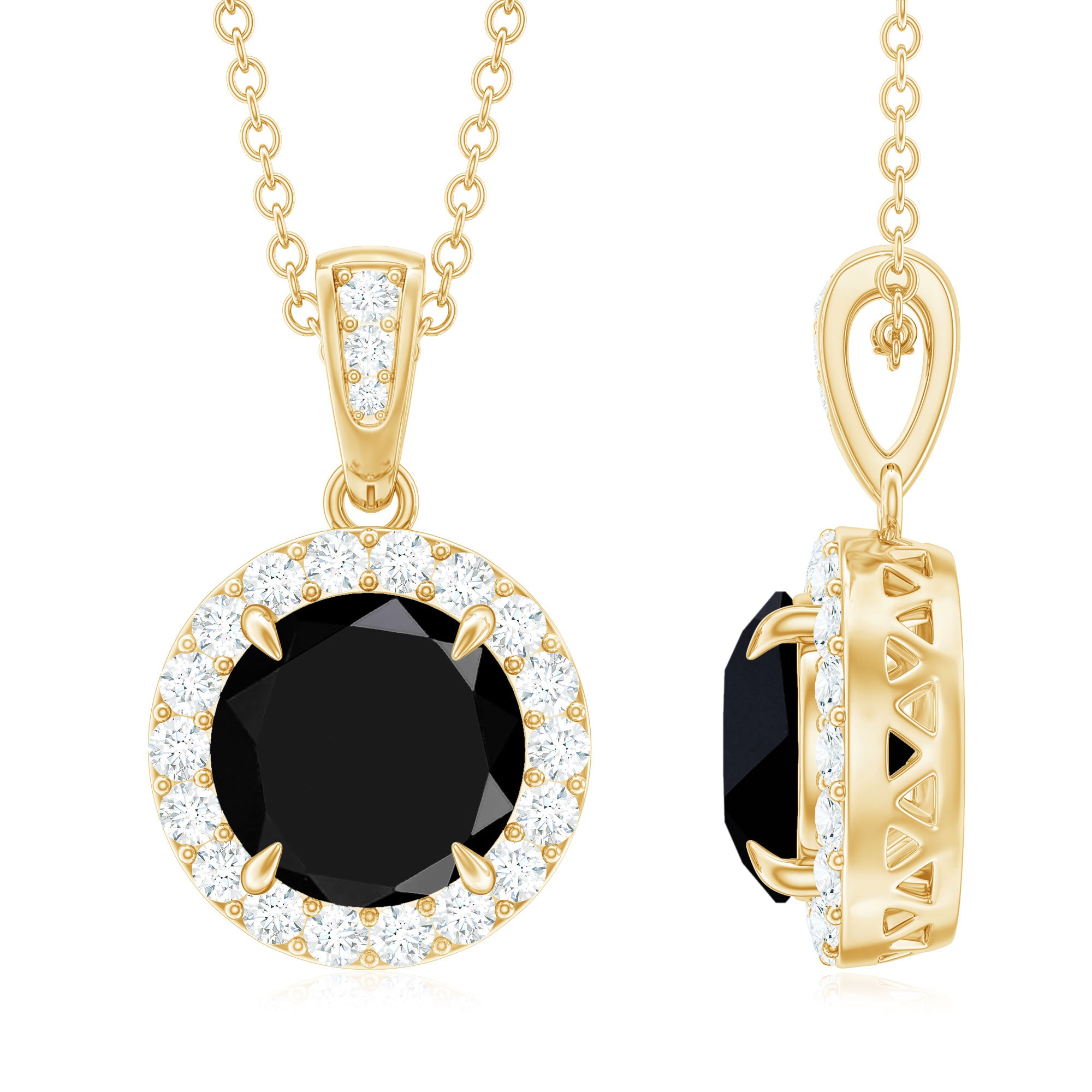 Genuine Black Onyx and Diamond Halo Pendant Necklace Black Onyx - ( AAA ) - Quality - Rosec Jewels