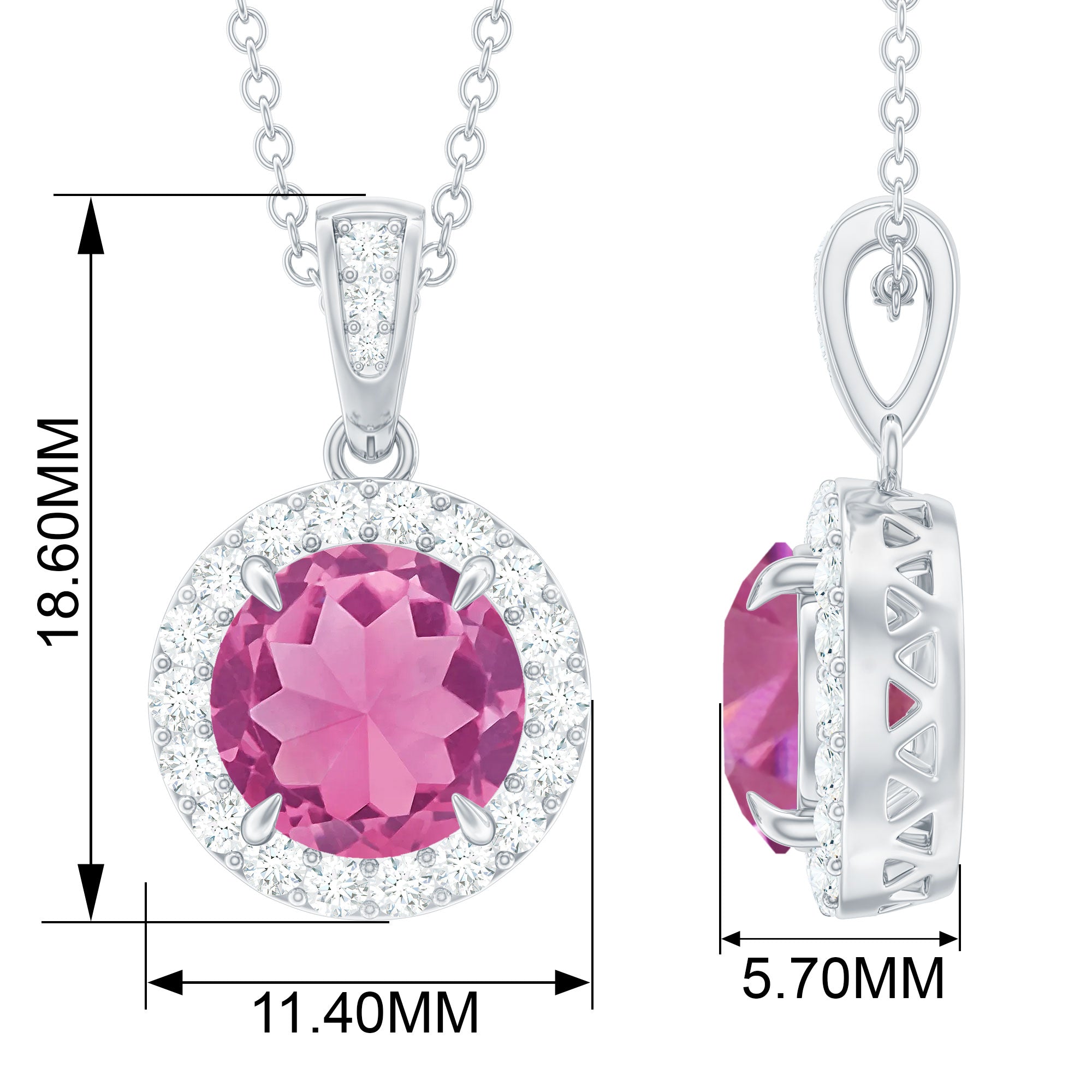 Pink Tourmaline and Moissanite Halo Pendant Necklace Pink Tourmaline - ( AAA ) - Quality - Rosec Jewels