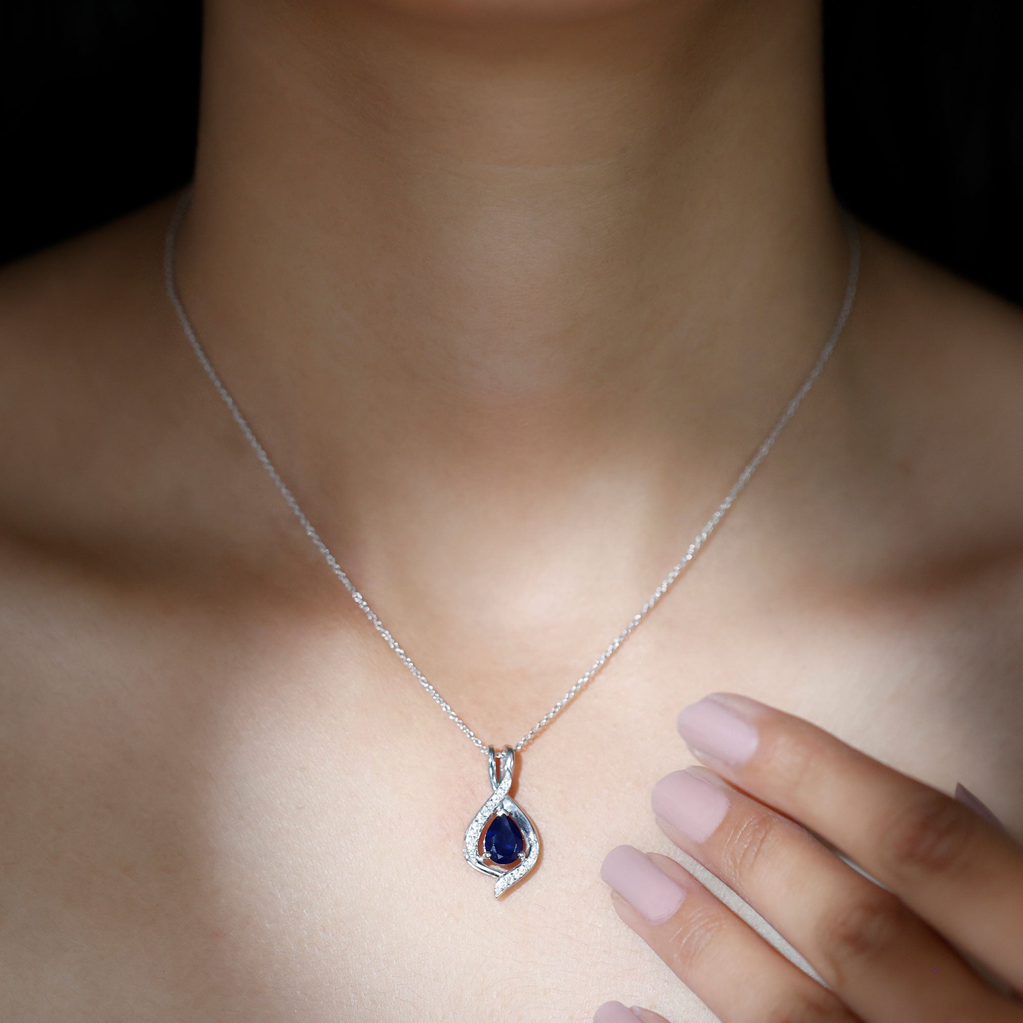 Minimal Created Blue Sapphire Teardrop Pendant with Moissanite Lab Created Blue Sapphire - ( AAAA ) - Quality - Rosec Jewels