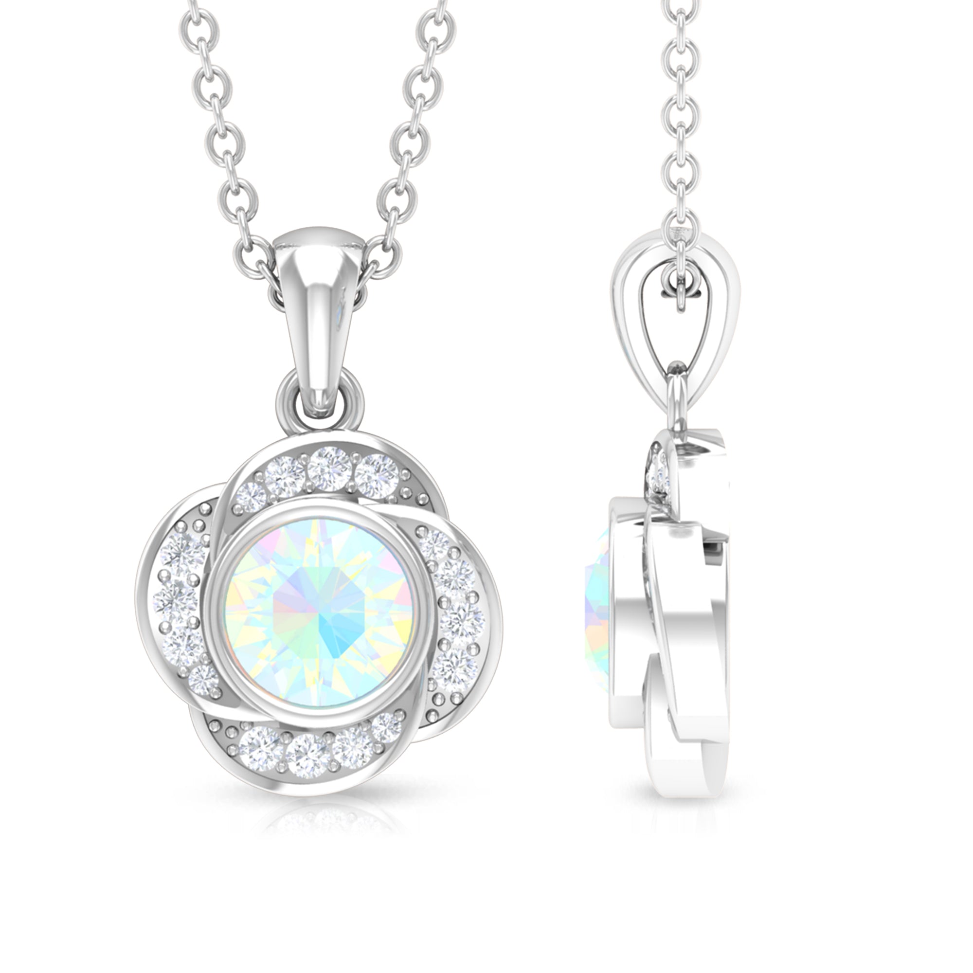 5 MM Round Shape Ethiopian Opal and Diamond Floral Pendant Ethiopian Opal - ( AAA ) - Quality - Rosec Jewels