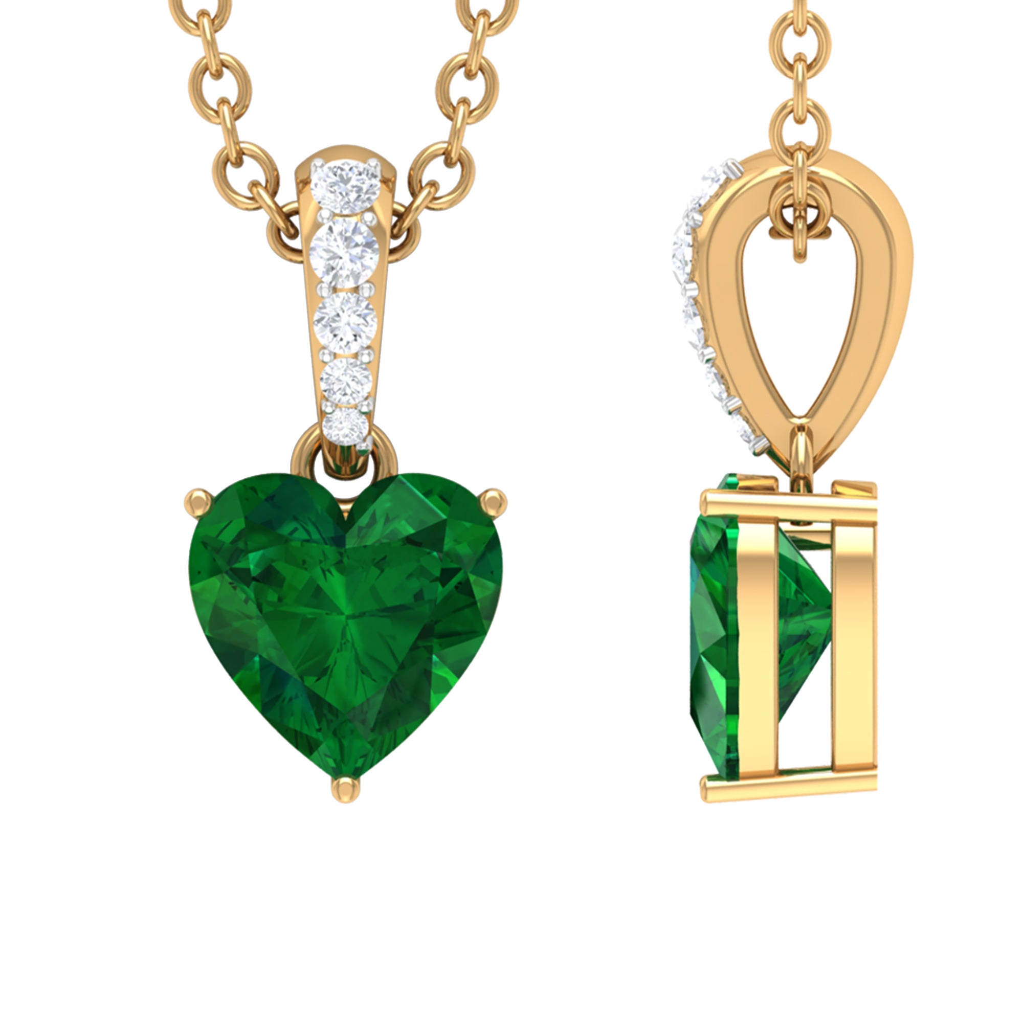 Heart Shape Emerald Pendant Necklace with Diamond Accent Bail Emerald - ( AAA ) - Quality - Rosec Jewels