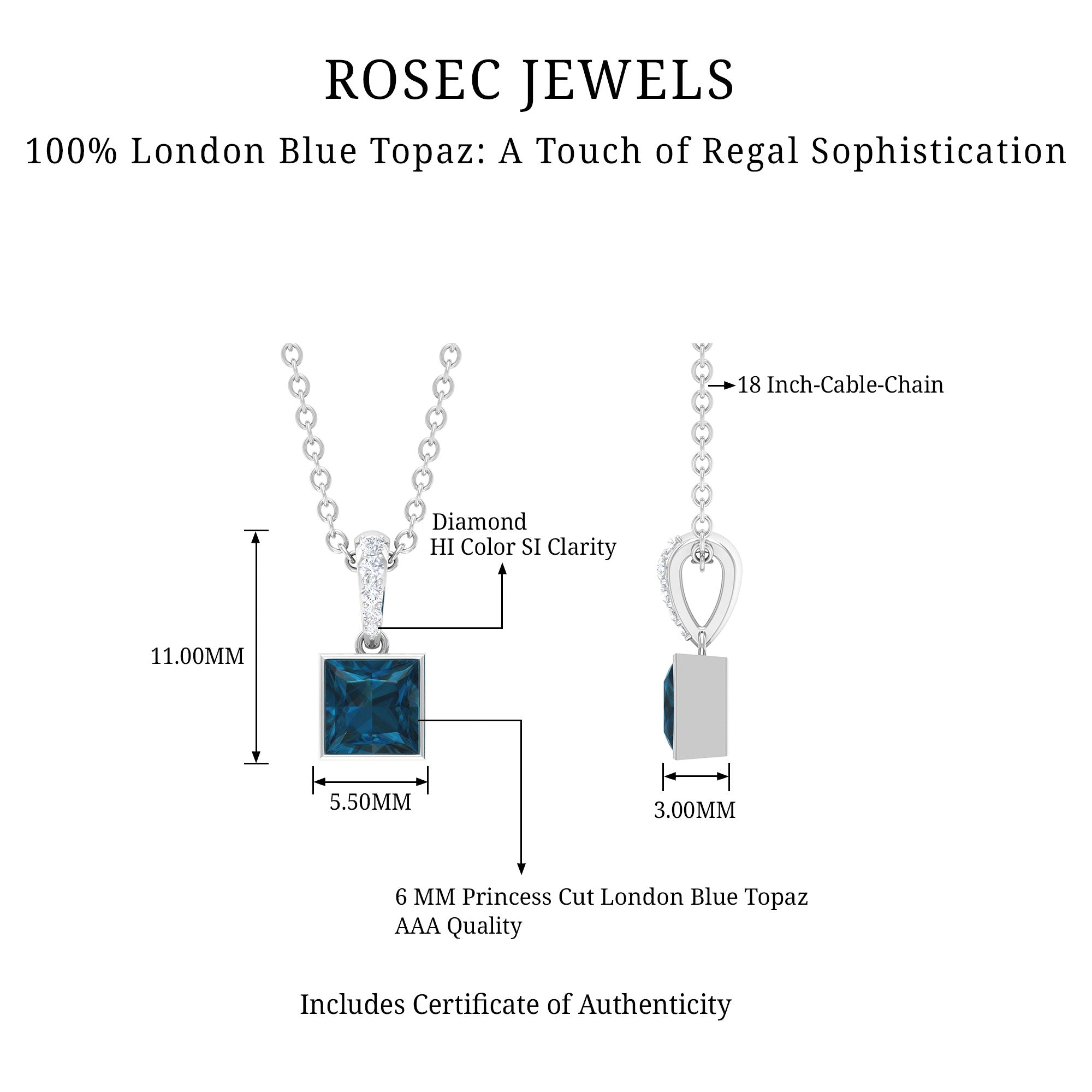 6 MM Princess Cut London Blue Topaz Solitaire Pendant with Diamond Accent Bail London Blue Topaz - ( AAA ) - Quality - Rosec Jewels