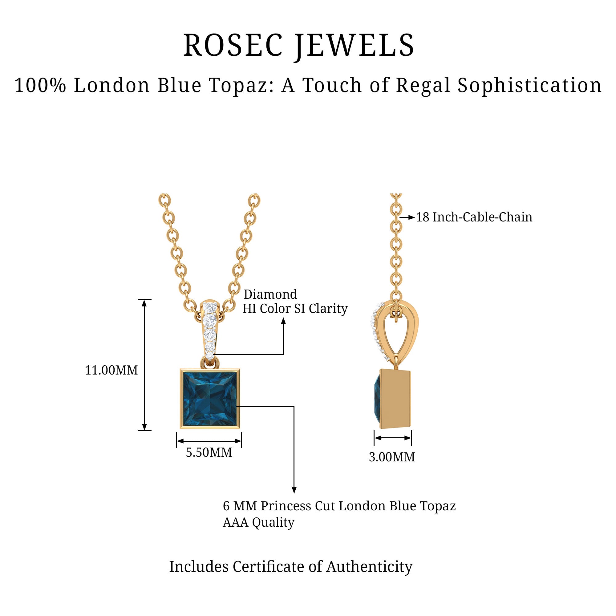 6 MM Princess Cut London Blue Topaz Solitaire Pendant with Diamond Accent Bail London Blue Topaz - ( AAA ) - Quality - Rosec Jewels