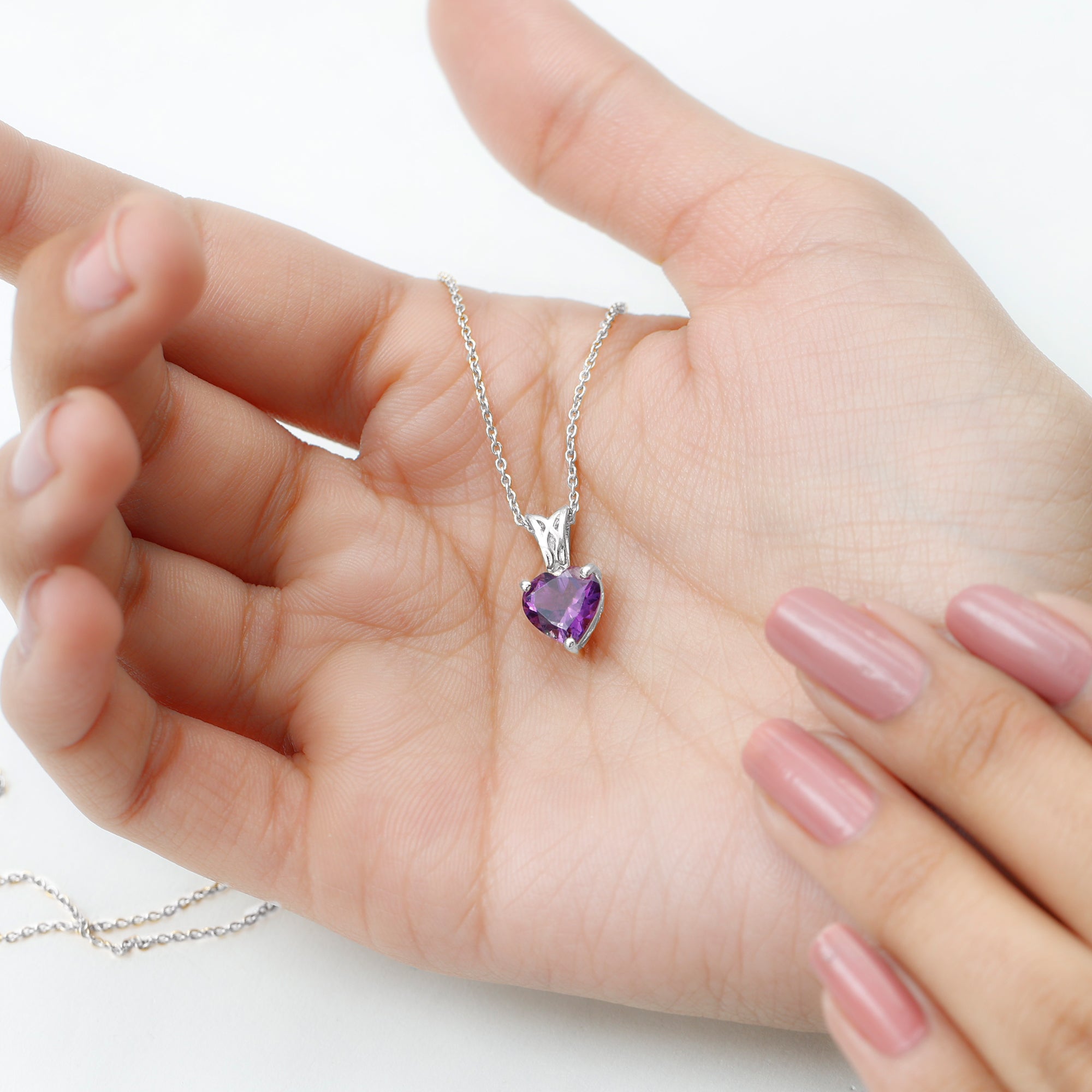 8 MM Heart Shape Amethyst Silver Pendant in 3 Prong Setting with Decorative Bail - Rosec Jewels