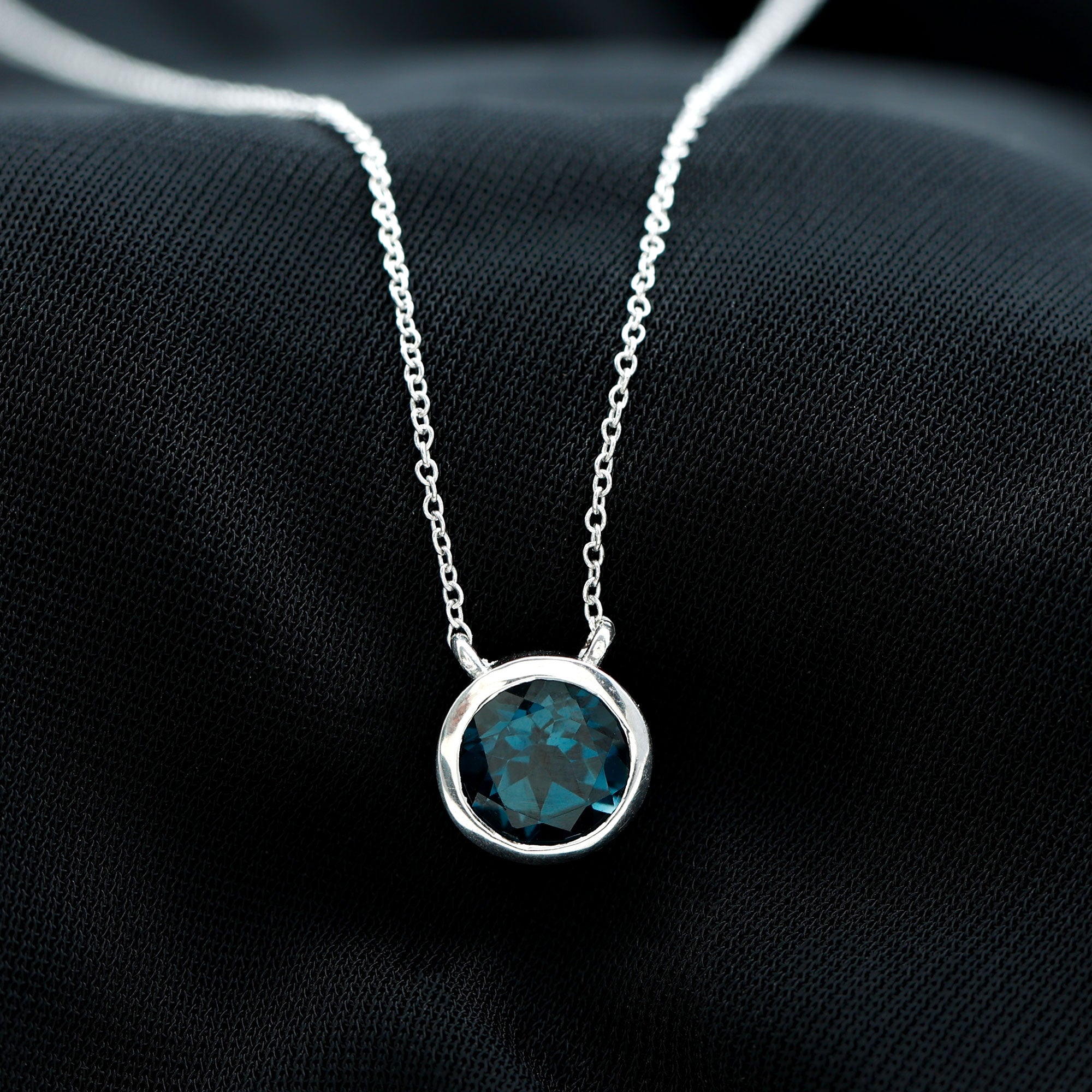 8 MM Solitaire London Blue Topaz Silver Necklace in Bezel Setting - Rosec Jewels