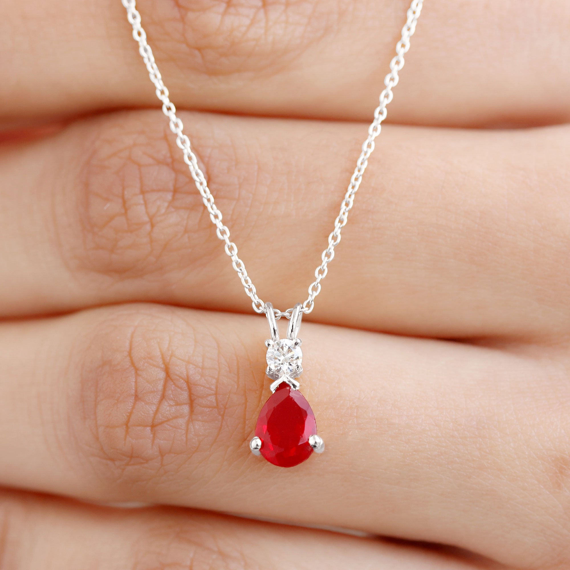 Pear Shape Lab Grown Ruby Solitaire Pendant with Moissanite Lab Created Ruby - ( AAAA ) - Quality - Rosec Jewels