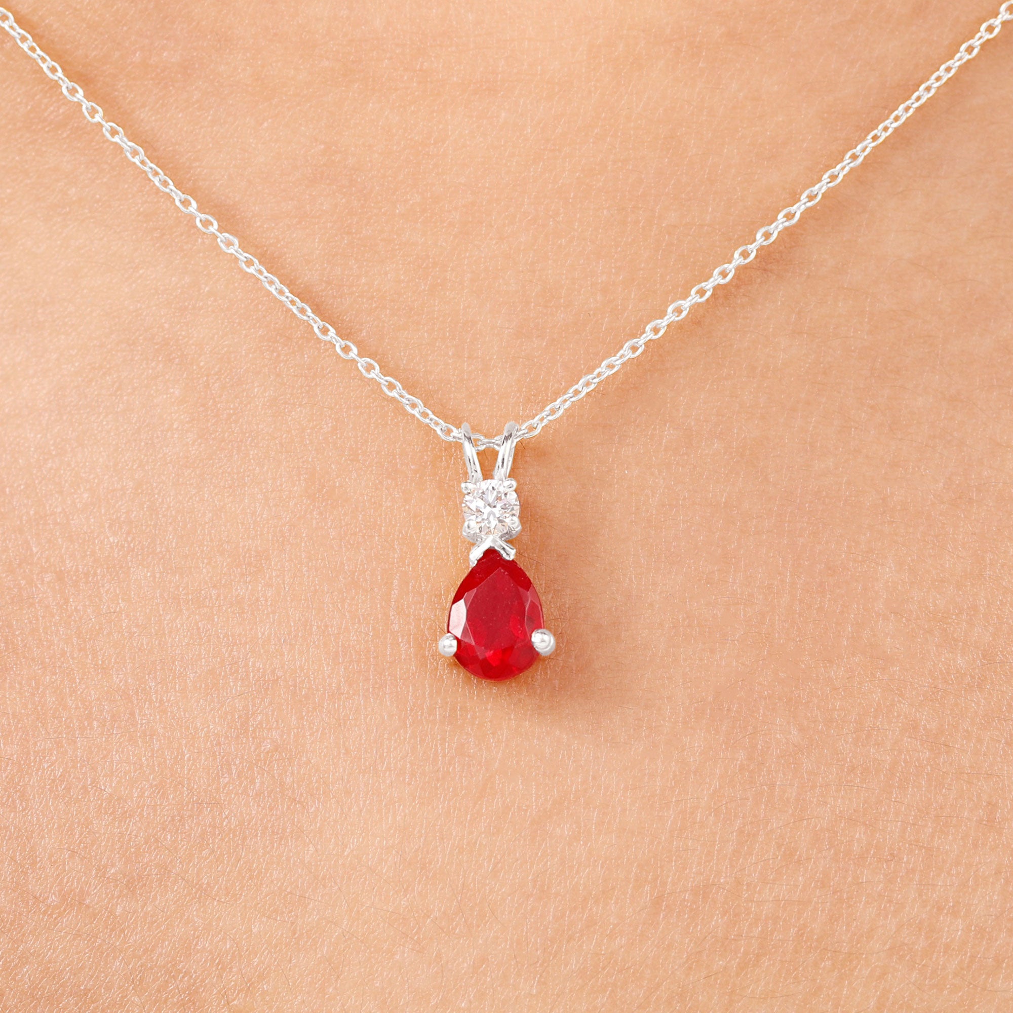 Pear Shape Lab Grown Ruby Solitaire Pendant with Moissanite Lab Created Ruby - ( AAAA ) - Quality - Rosec Jewels