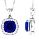 Cushion Cut Lab Created Blue Sapphire Halo Pendant Necklace With Moissanite Lab Created Blue Sapphire - ( AAAA ) - Quality - Rosec Jewels