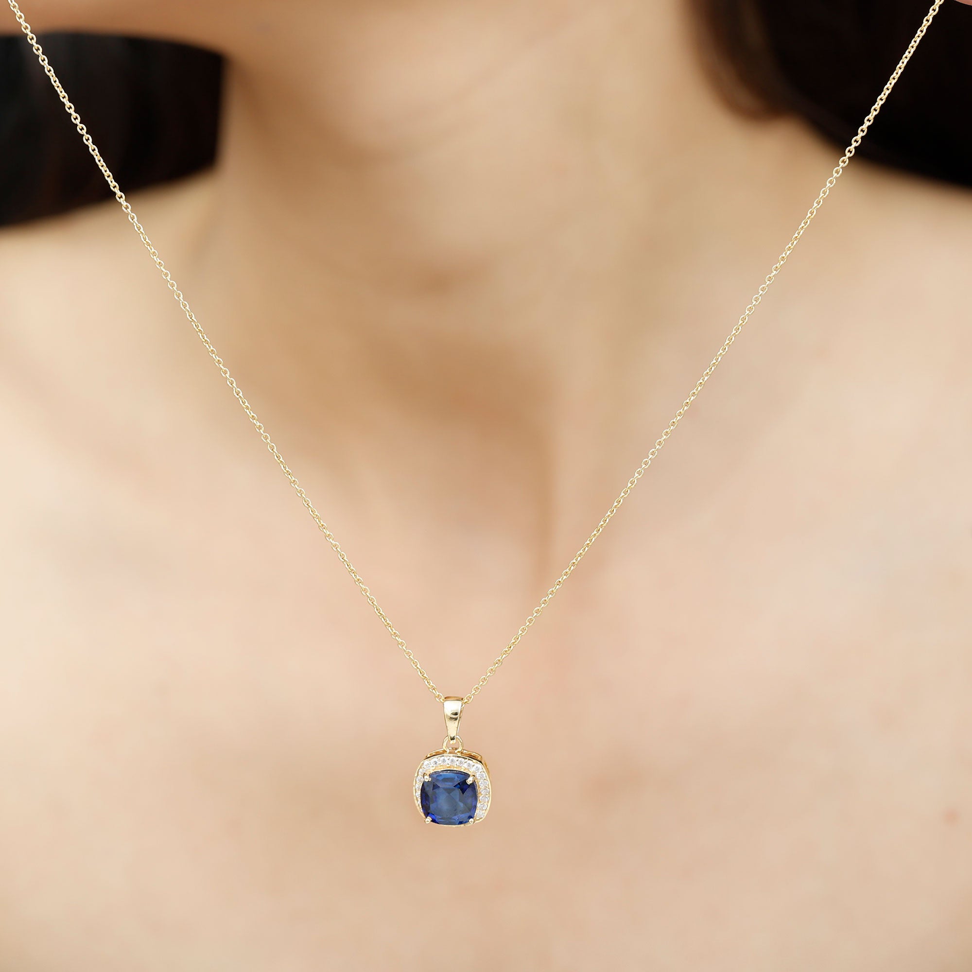 Cushion Cut Lab Created Blue Sapphire Halo Pendant Necklace With Moissanite Lab Created Blue Sapphire - ( AAAA ) - Quality - Rosec Jewels