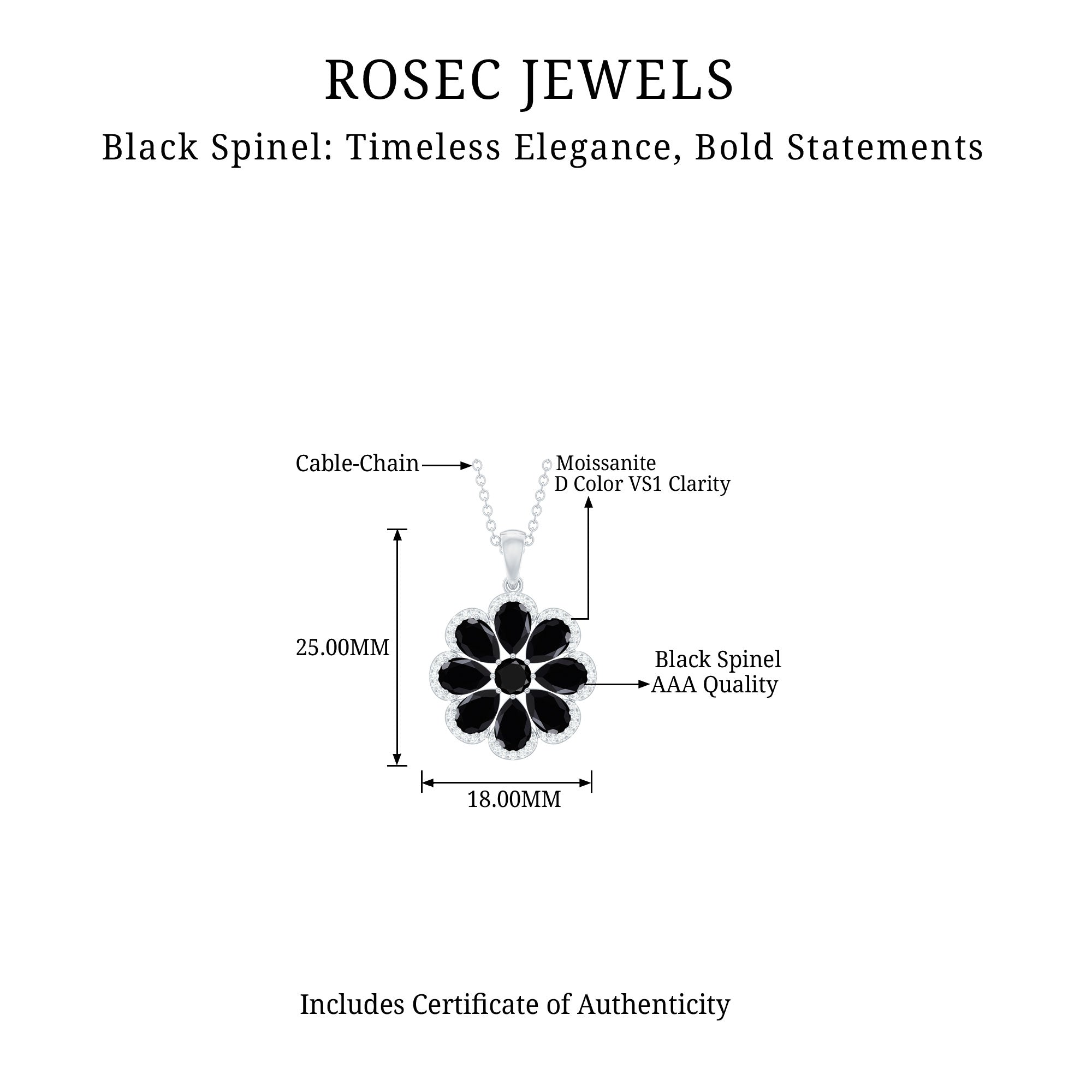 3.25 CT Black Spinel Flower Pendant with Moissanite Halo Black Spinel - ( AAA ) - Quality - Rosec Jewels