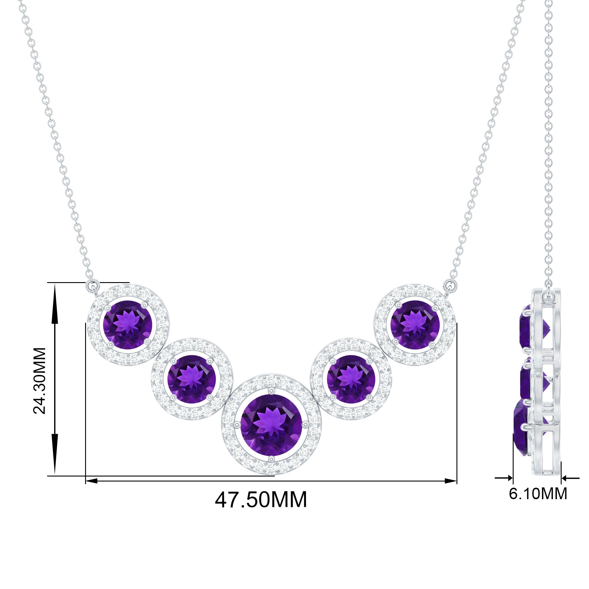 Amethyst Five Stone and Moissanite Halo Necklace in Gold Amethyst - ( AAA ) - Quality - Rosec Jewels