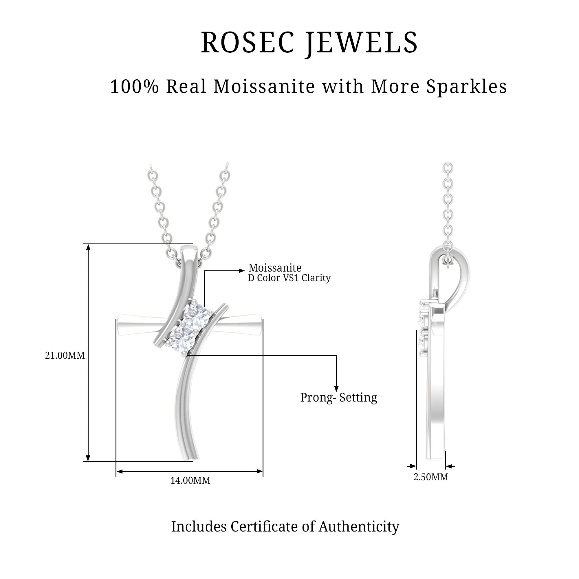 Moissanite Contemporary Bypass Cross Pendant in Silver - Rosec Jewels