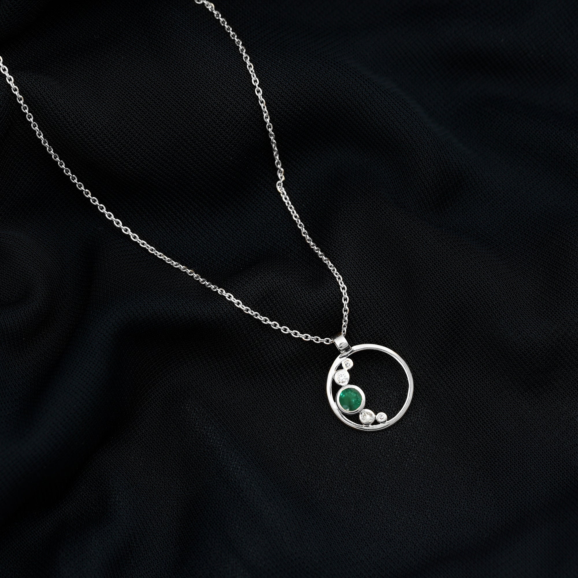 Emerald and Diamond Open Circle Pendant Necklace with Chain Emerald - ( AAA ) - Quality - Rosec Jewels