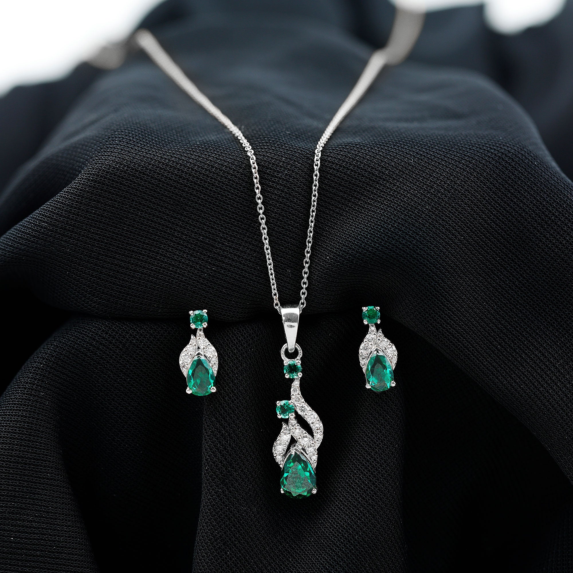 Designer Created Emerald and Diamond Dangle Jewelry Set Lab Created Emerald - ( AAAA ) - Quality - Rosec Jewels