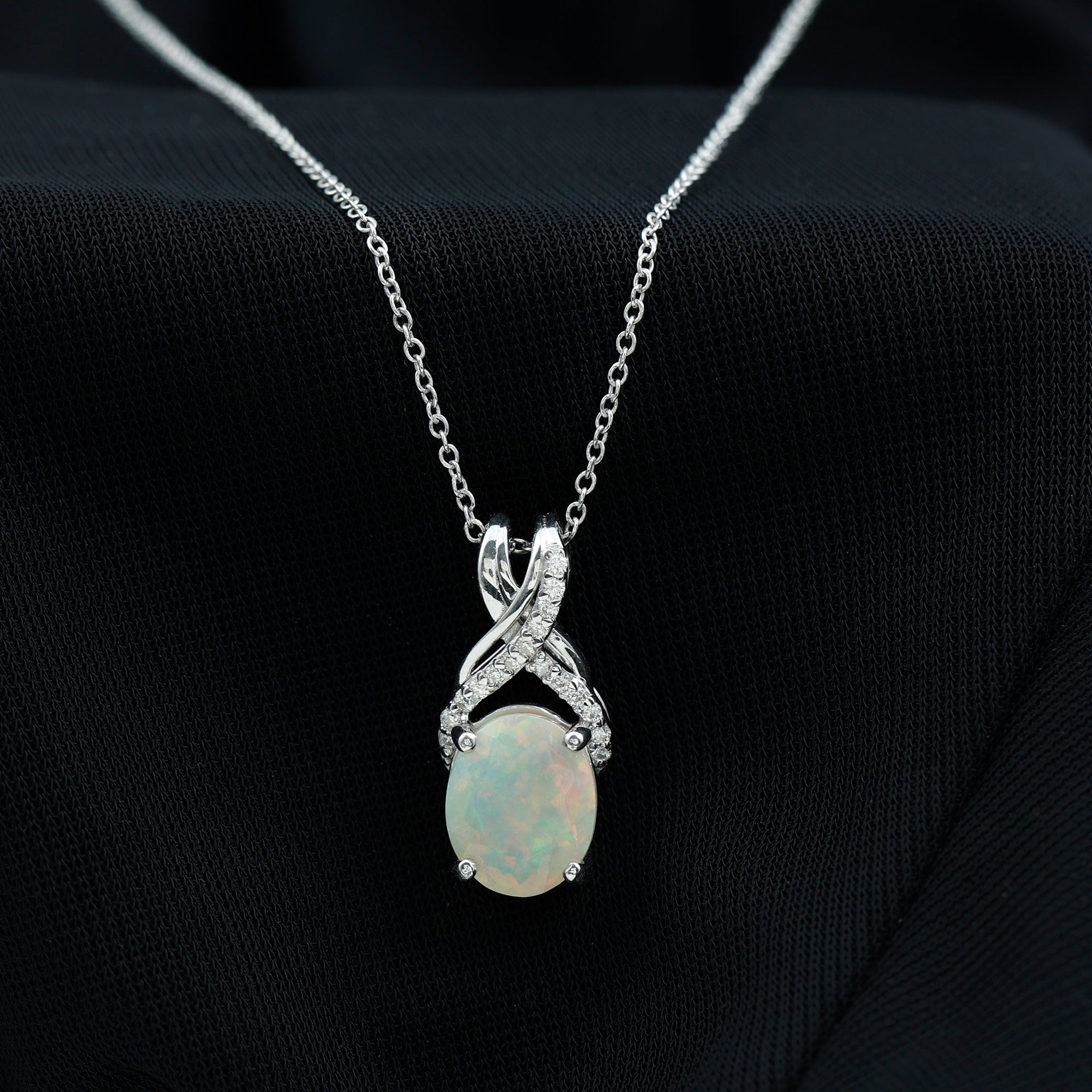 Oval Ethiopian Opal Solitaire Silver Pendant with Moissanite Twisted Bail - Rosec Jewels