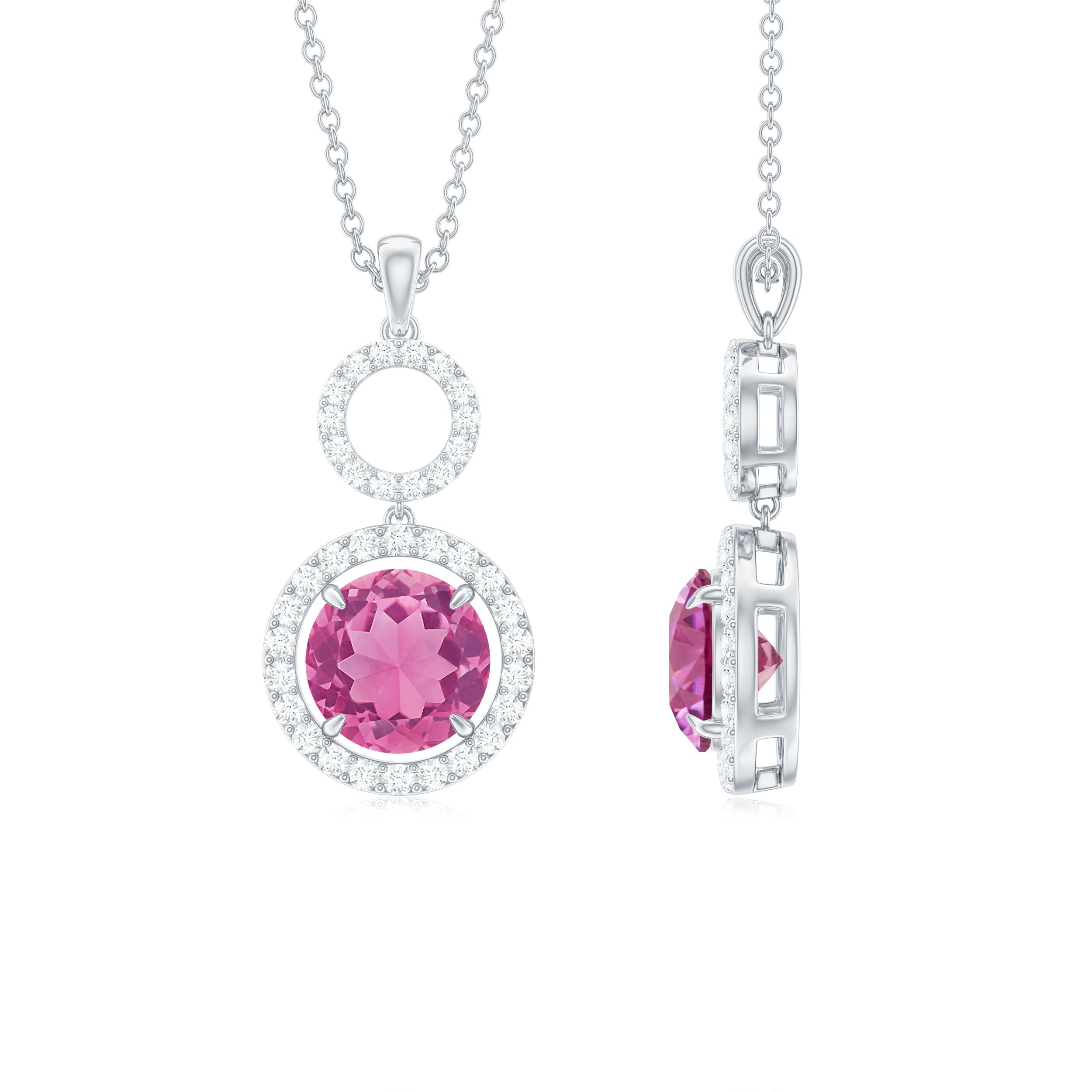 Pink Tourmaline and Moissanite Dangle Pendant Necklace Pink Tourmaline - ( AAA ) - Quality - Rosec Jewels