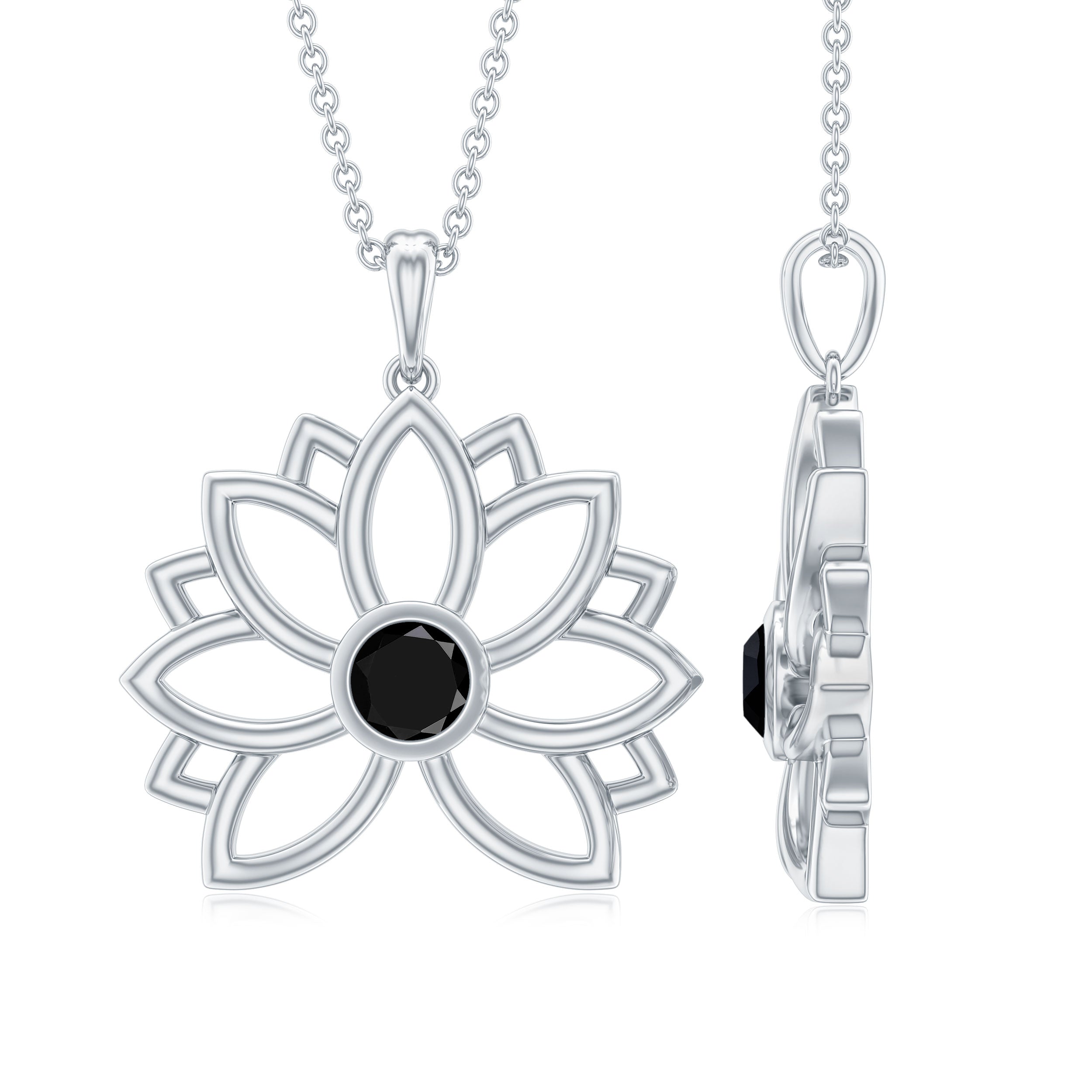 Gold Lotus Flower Pendant with 3 MM Round Cut Black Diamond Black Diamond - ( AAA ) - Quality - Rosec Jewels