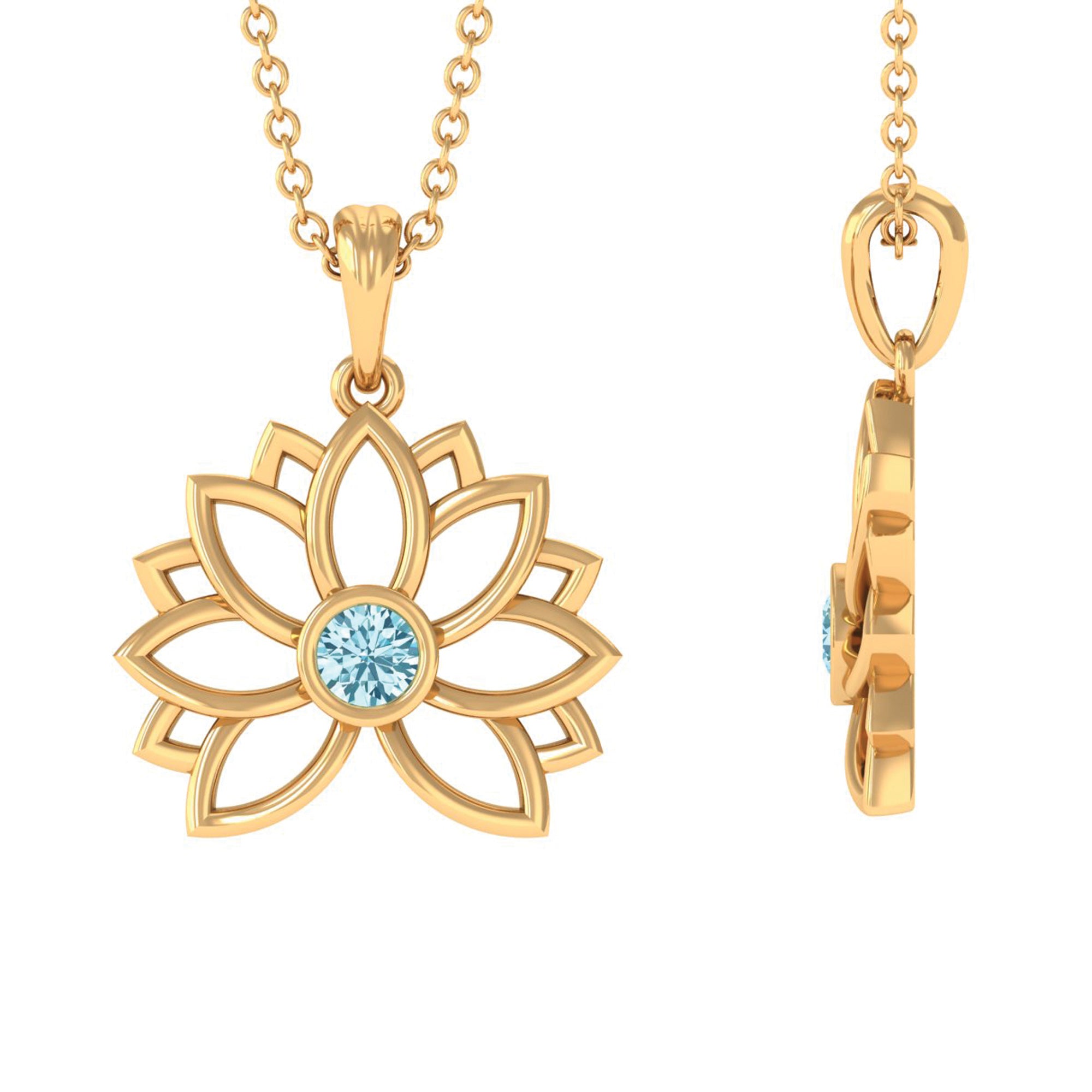 Lotus Flower Pendant with Bezel Set Solitaire Aquamarine Aquamarine - ( AAA ) - Quality - Rosec Jewels