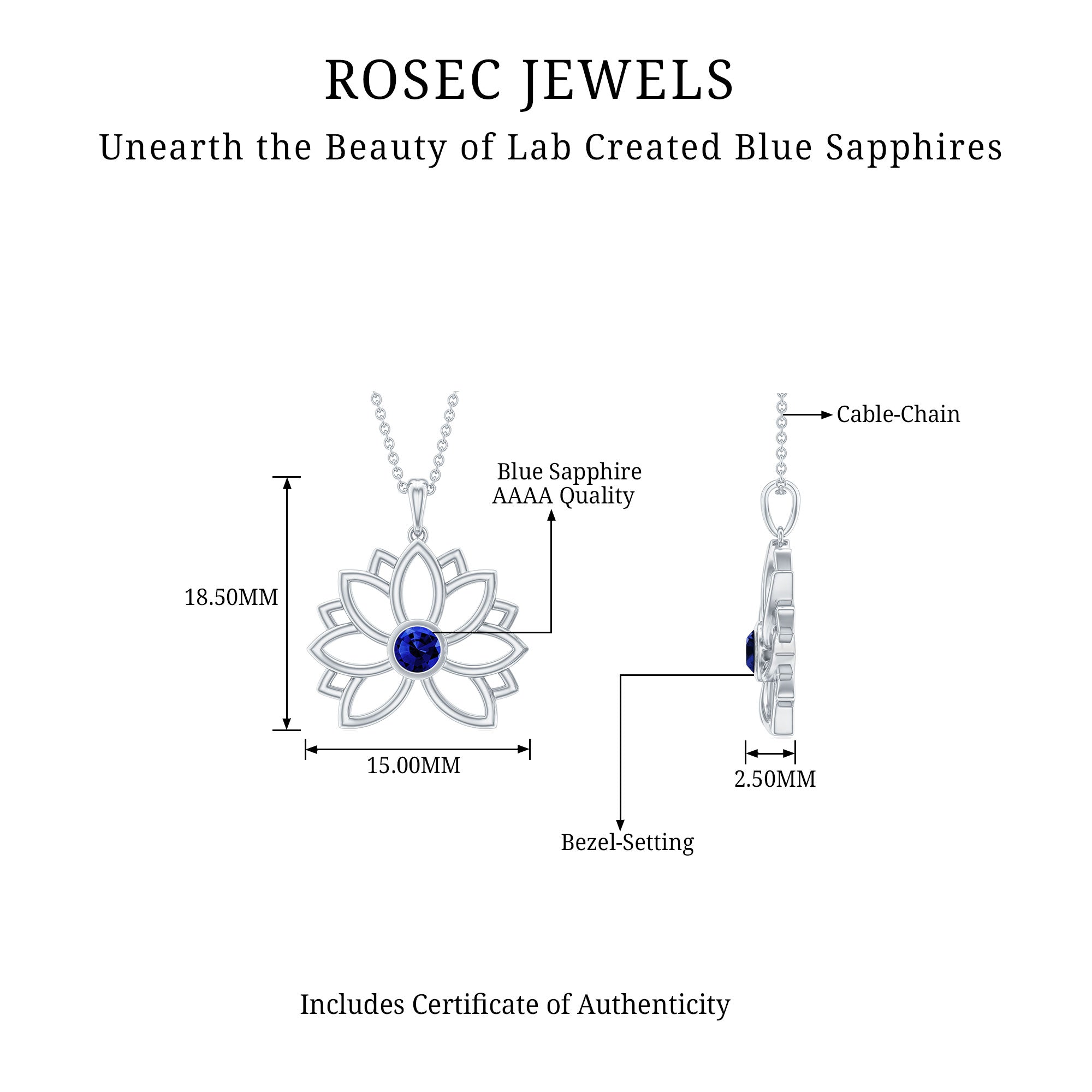 Lab Grown Blue Sapphire Lotus Flower Necklace - Rosec Jewels