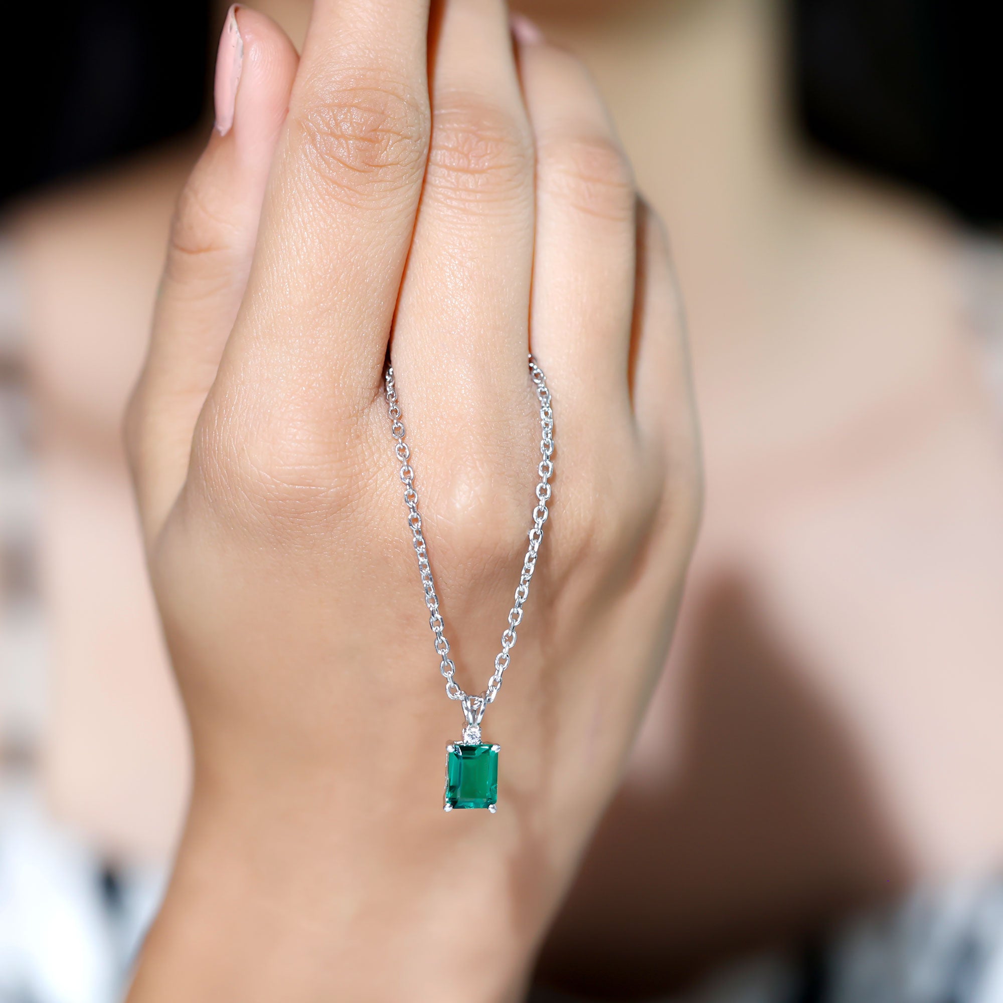 Octagon Cut Created Emerald Silver Solitaire Pendant with Dainty Moissanite - Rosec Jewels