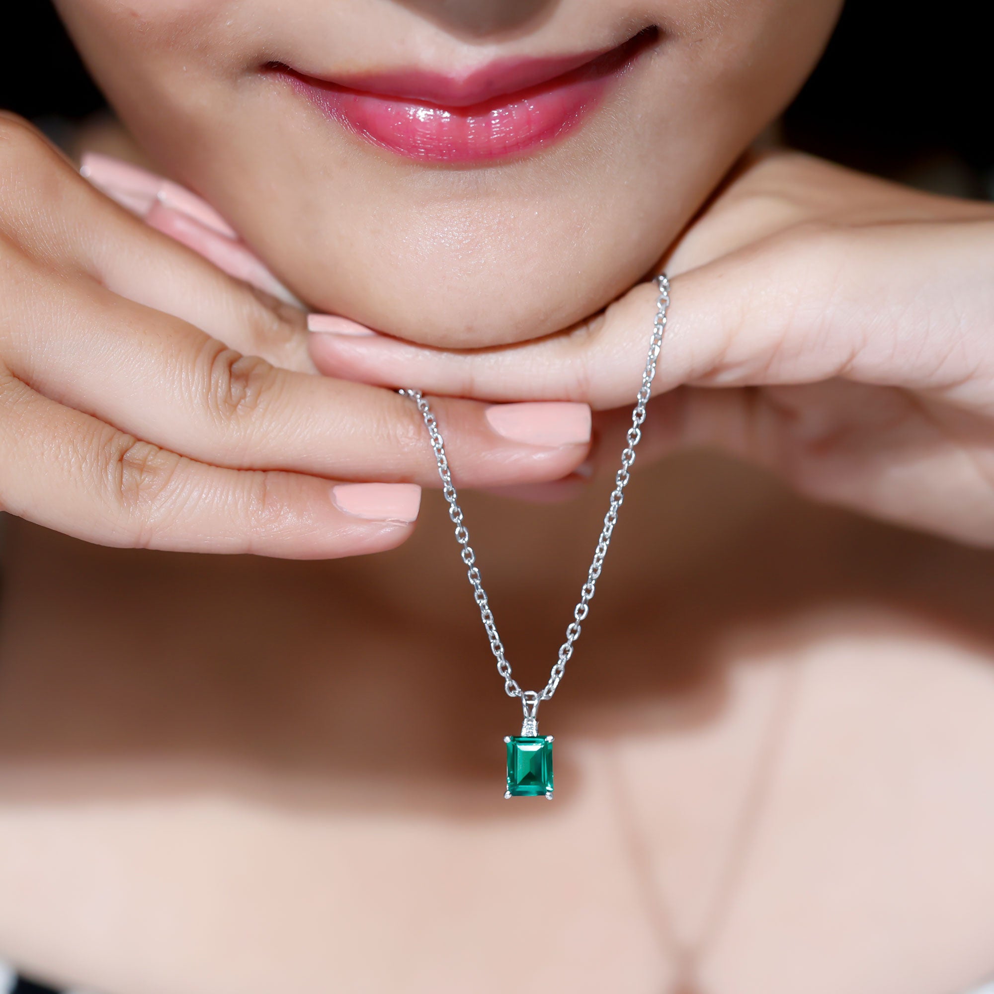 Octagon Cut Created Emerald Solitaire Pendant with Dainty Moissanite Lab Created Emerald - ( AAAA ) - Quality - Rosec Jewels