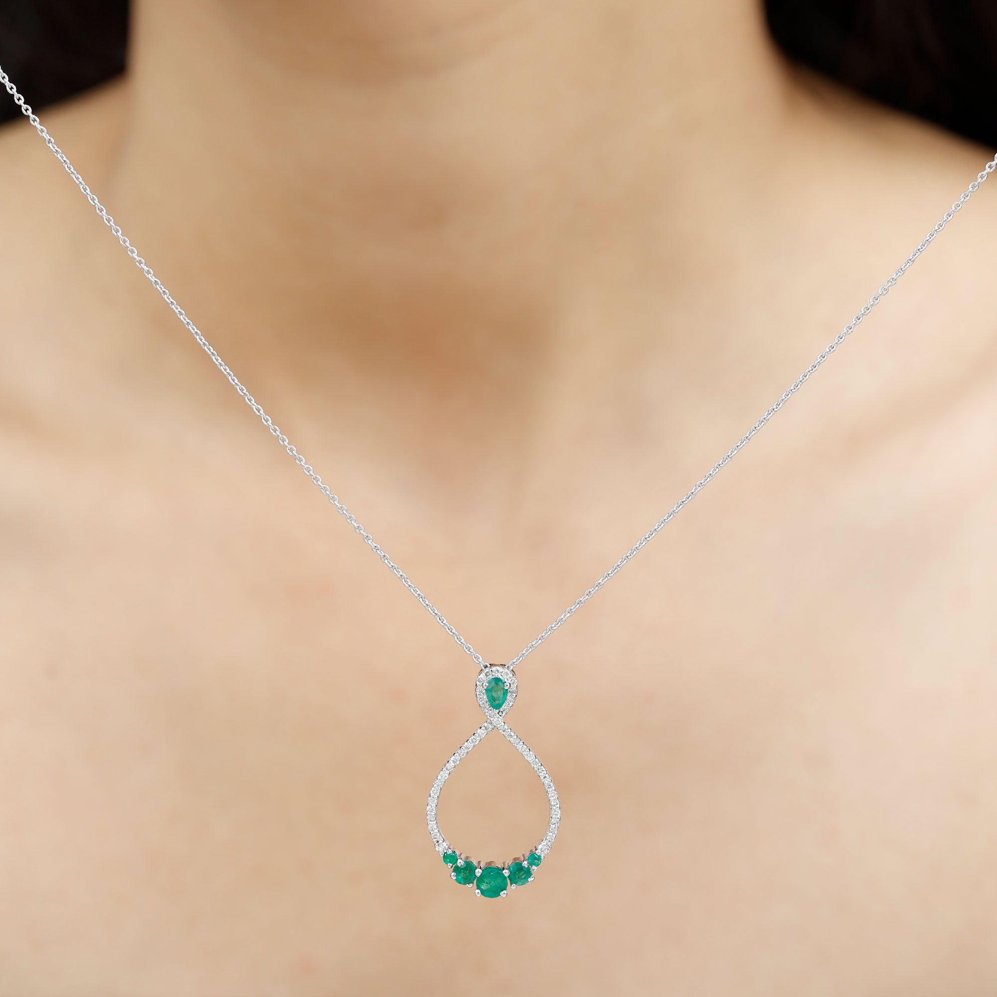 Emerald and Diamond Teardrop Necklace with Graduated Style Emerald - ( AAA ) - Quality - Rosec Jewels