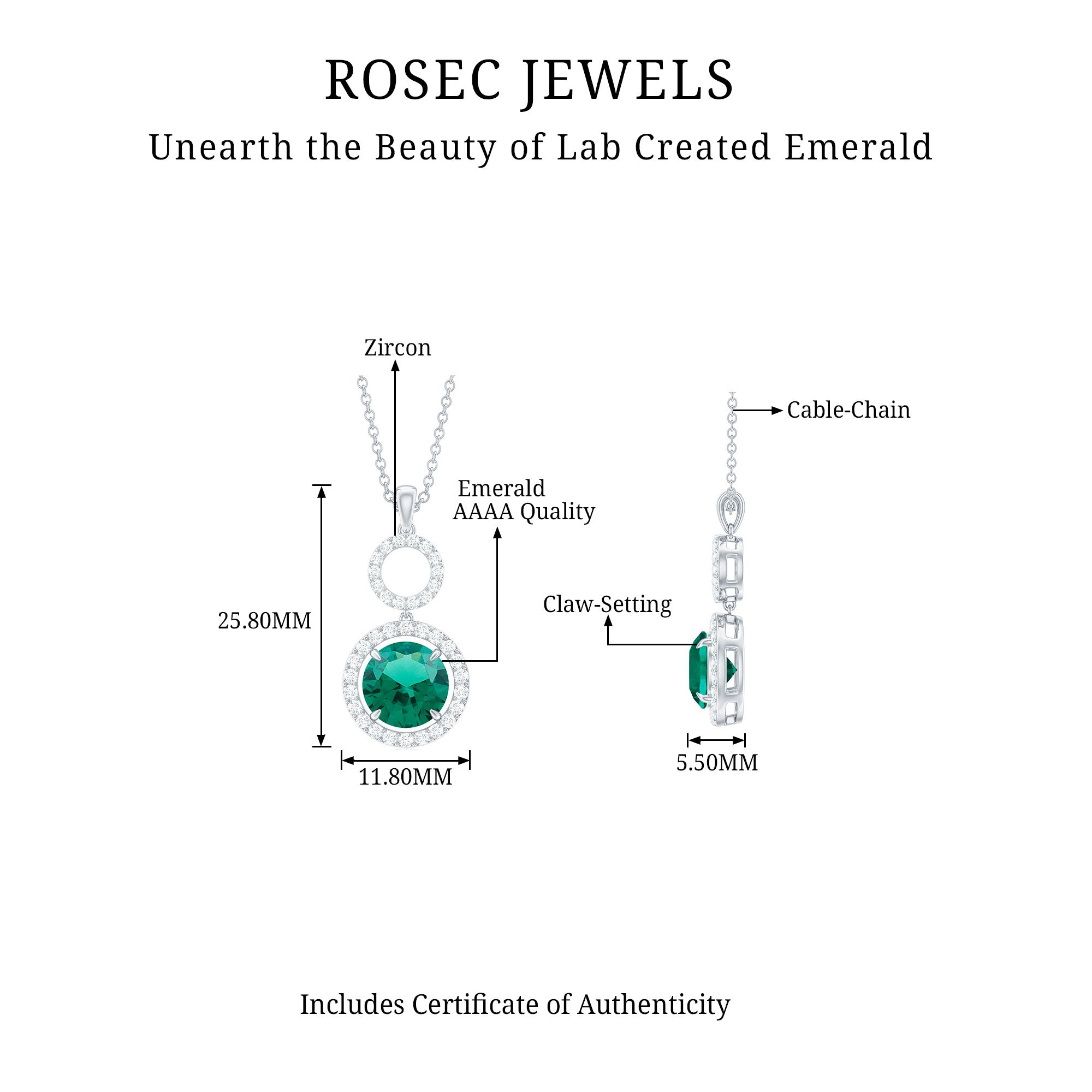 2.75 CT Certified Lab Created Emerald Silver Dangle Necklace with Zircon Lab Created Emerald - ( AAAA ) - Quality 92.5 Sterling Silver - Rosec Jewels