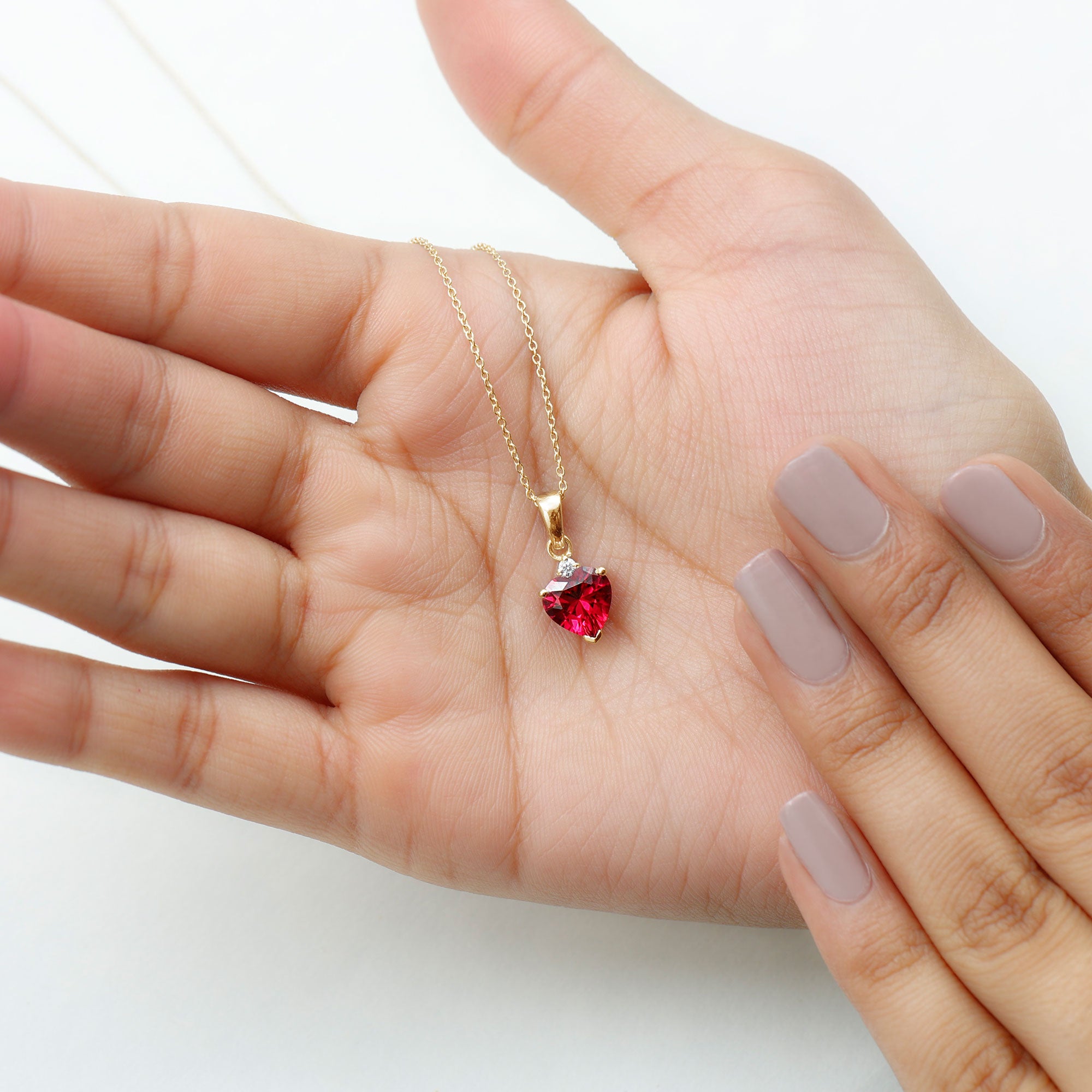 2 CT Created Ruby Heart Pendant Necklace with Zircon Lab Created Ruby - ( AAAA ) - Quality - Rosec Jewels