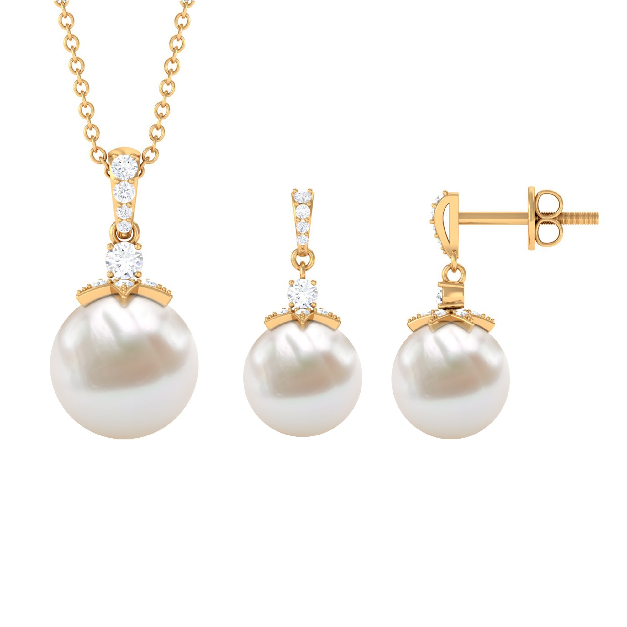 Real Freshwater Pearl and Diamond Drop Pendant and Earrings Set Freshwater Pearl - ( AAA ) - Quality - Rosec Jewels