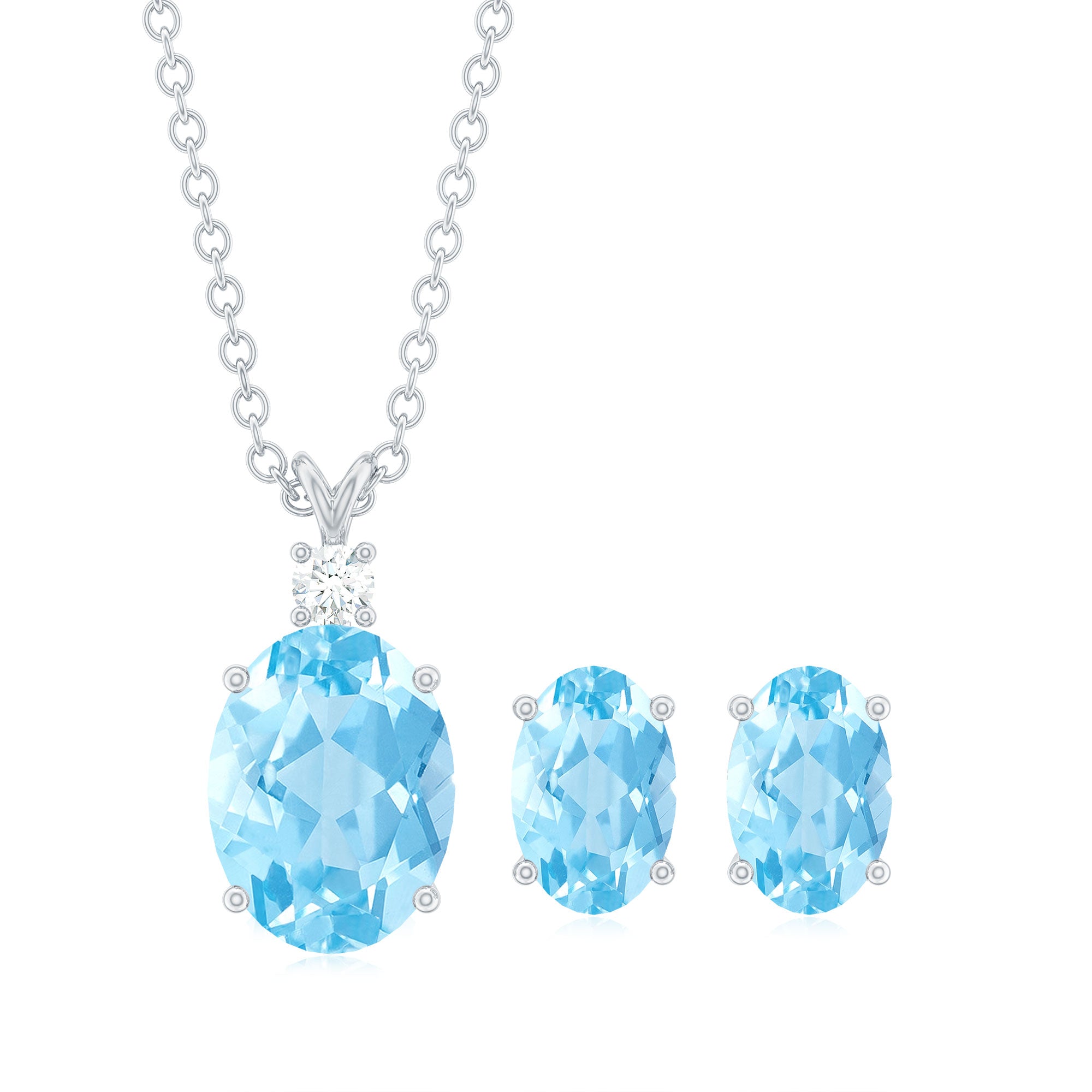 Aquamarine Solitaire Pendant Necklace and Earrings Set Aquamarine - ( AAA ) - Quality - Rosec Jewels