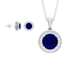 Classic Lab Grown Blue Sapphire And Moissanite Halo Bridal Jewelry Set Lab Created Blue Sapphire - ( AAAA ) - Quality - Rosec Jewels