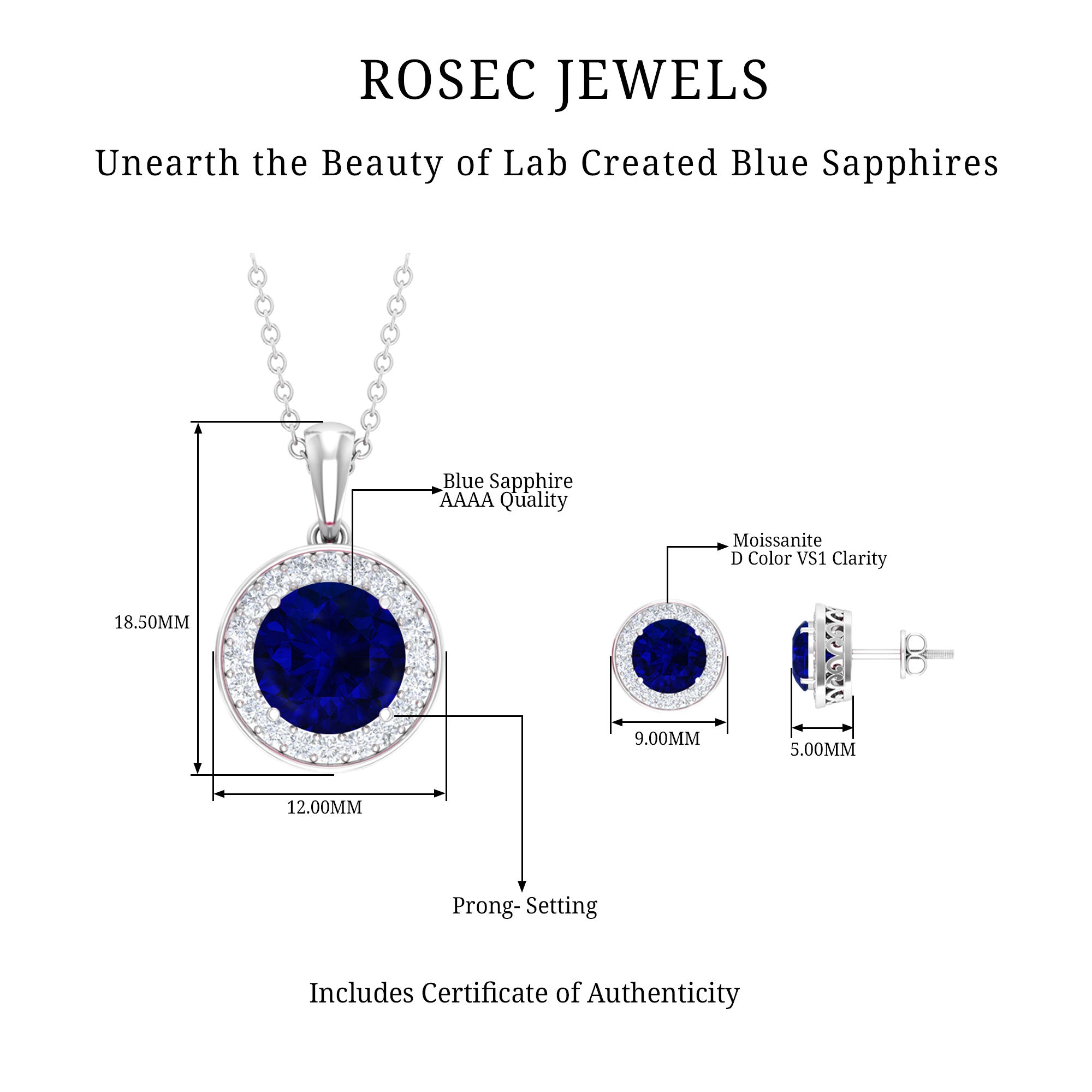 Classic Lab Grown Blue Sapphire And Moissanite Halo Bridal Jewelry Set Lab Created Blue Sapphire - ( AAAA ) - Quality - Rosec Jewels