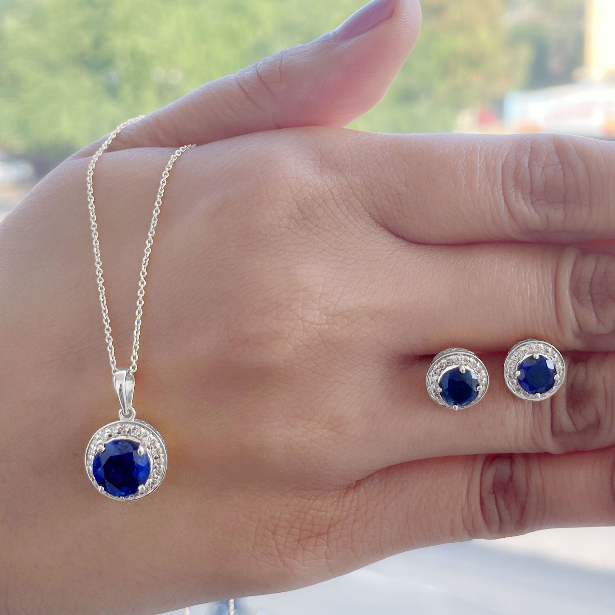 Classic Lab Grown Blue Sapphire And Moissanite Halo Bridal Jewelry Set Lab Created Blue Sapphire - ( AAAA ) - Quality - Rosec Jewels