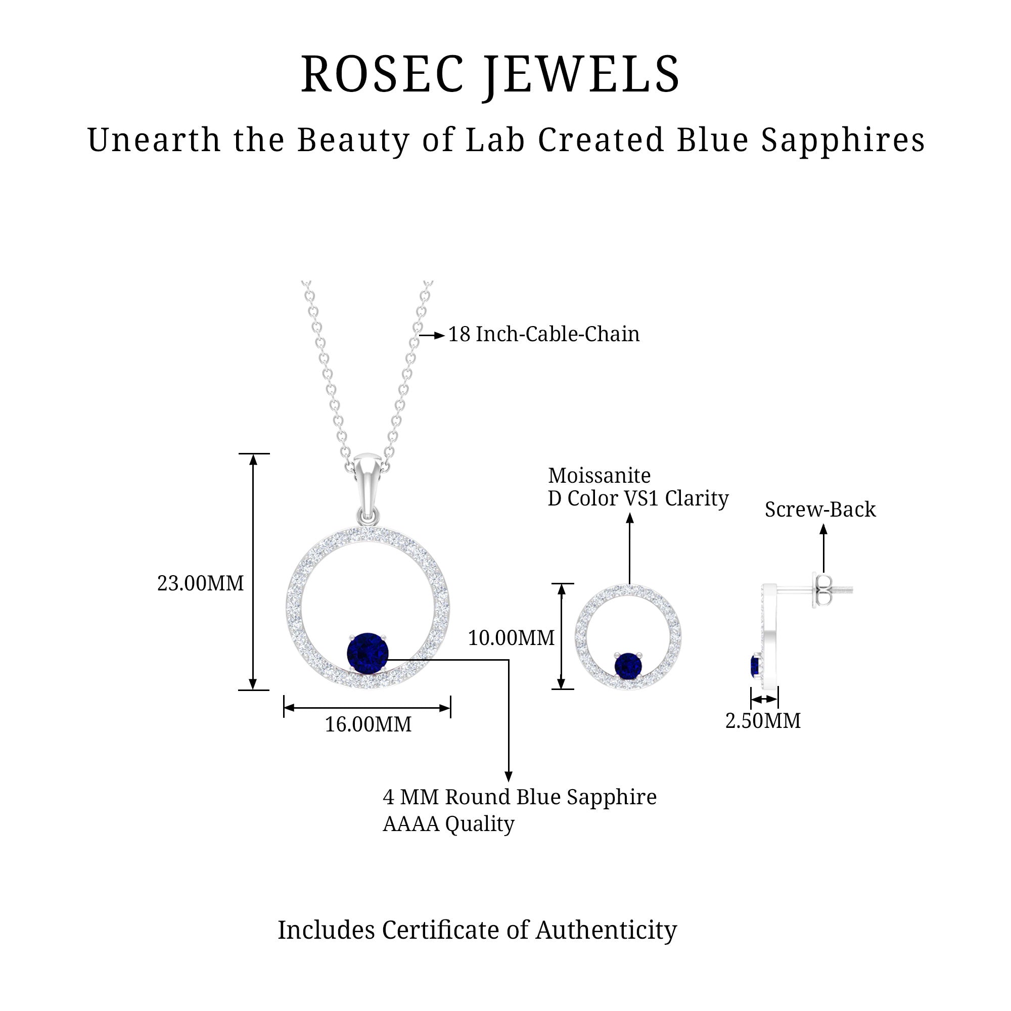 Created Blue Sapphire Eternity Pendant And Earrings Set With Moissanite Lab Created Blue Sapphire - ( AAAA ) - Quality - Rosec Jewels