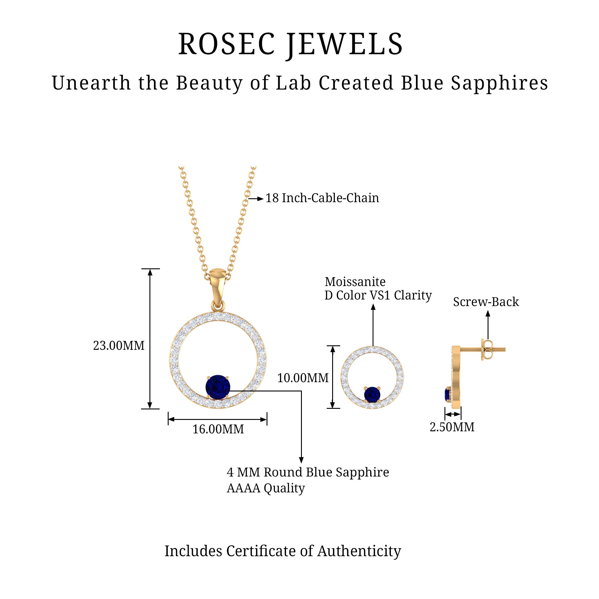 Created Blue Sapphire Eternity Pendant And Earrings Set With Moissanite Lab Created Blue Sapphire - ( AAAA ) - Quality - Rosec Jewels