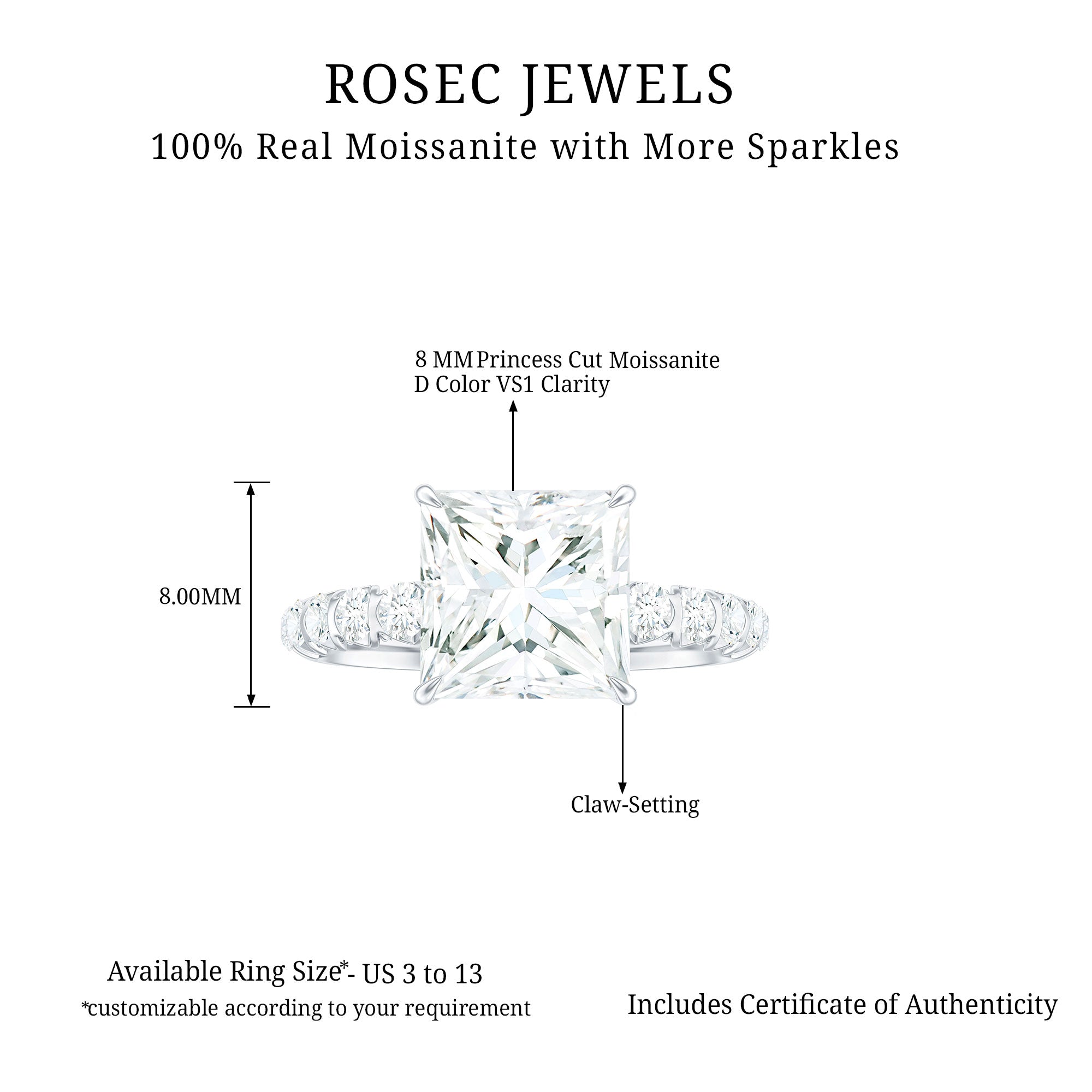 Princess Cut Moissanite Solitaire Engagement Ring with Side Stones Moissanite - ( D-VS1 ) - Color and Clarity 92.5 Sterling Silver 7 - Rosec Jewels