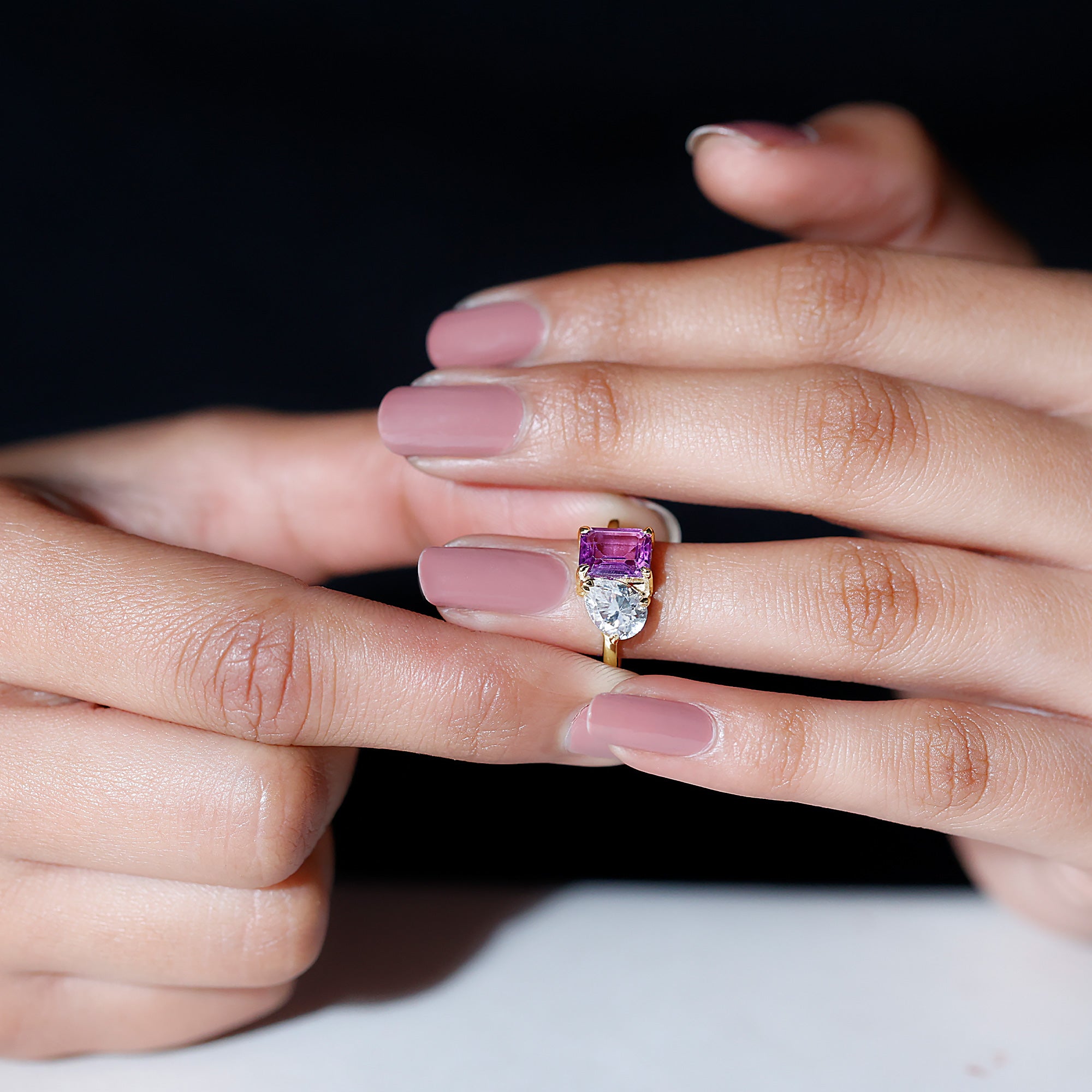 Toi Et Moi Ring with Created Pink Sapphire and Moissanite Lab Created Pink Sapphire - ( AAAA ) - Quality - Rosec Jewels