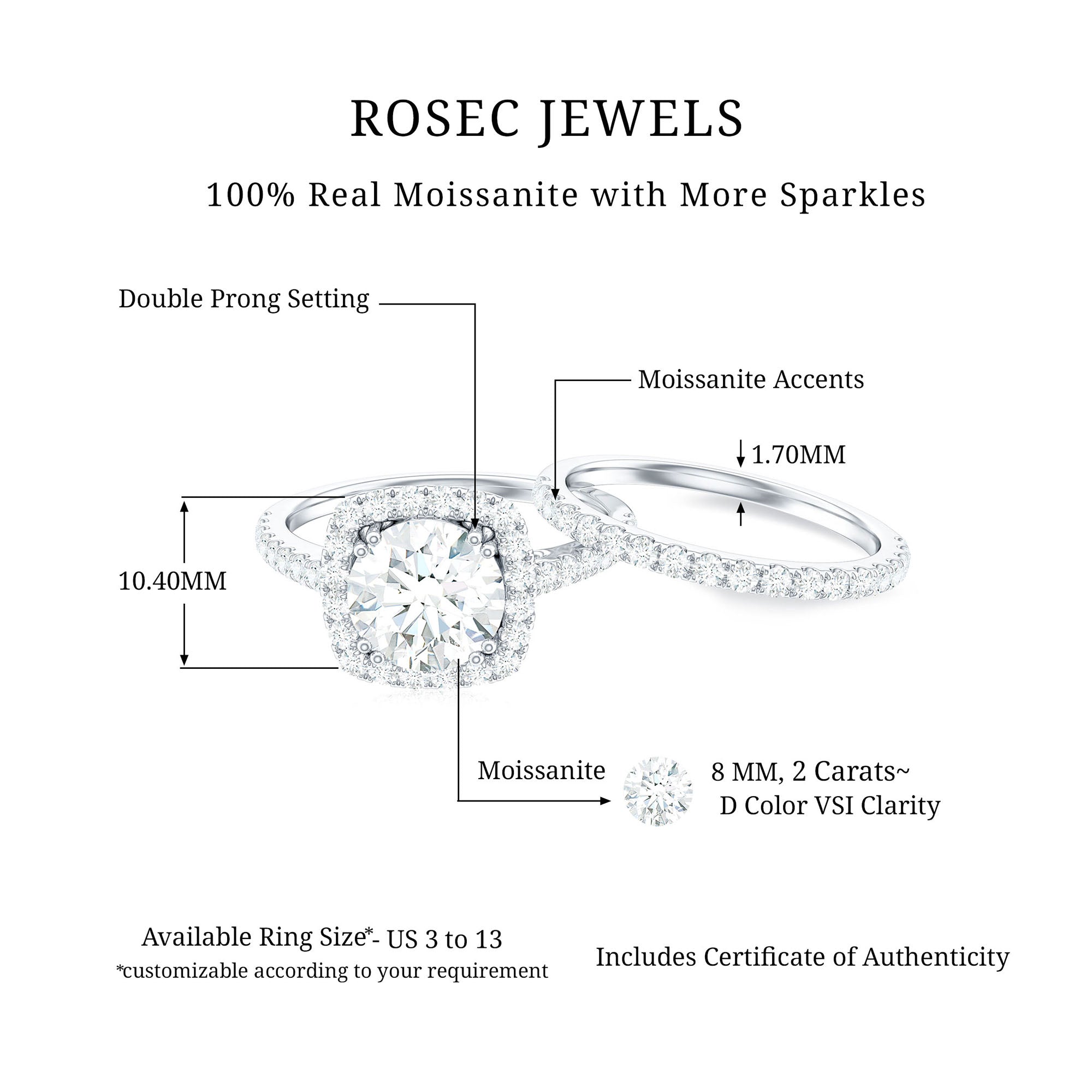 Rosec Jewels-3.25 CT Round Certified Moissanite Wedding Ring Set with Halo