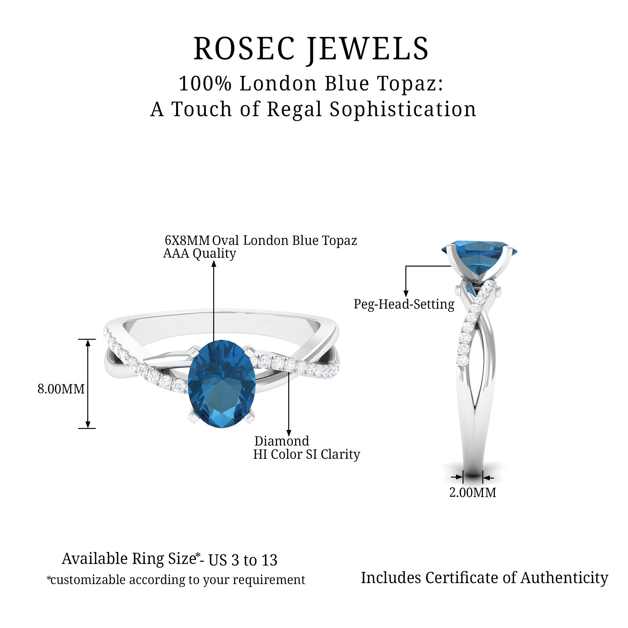 London Blue Topaz Crossover Engagement Ring with Diamond Side Stone London Blue Topaz - ( AAA ) - Quality - Rosec Jewels