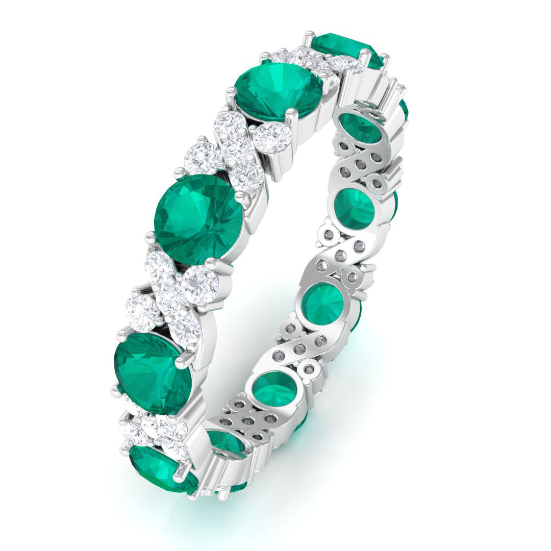 Round Shape Real Emerald Classic Eternity Band Ring with Moissanite Emerald - ( AAA ) - Quality - Rosec Jewels