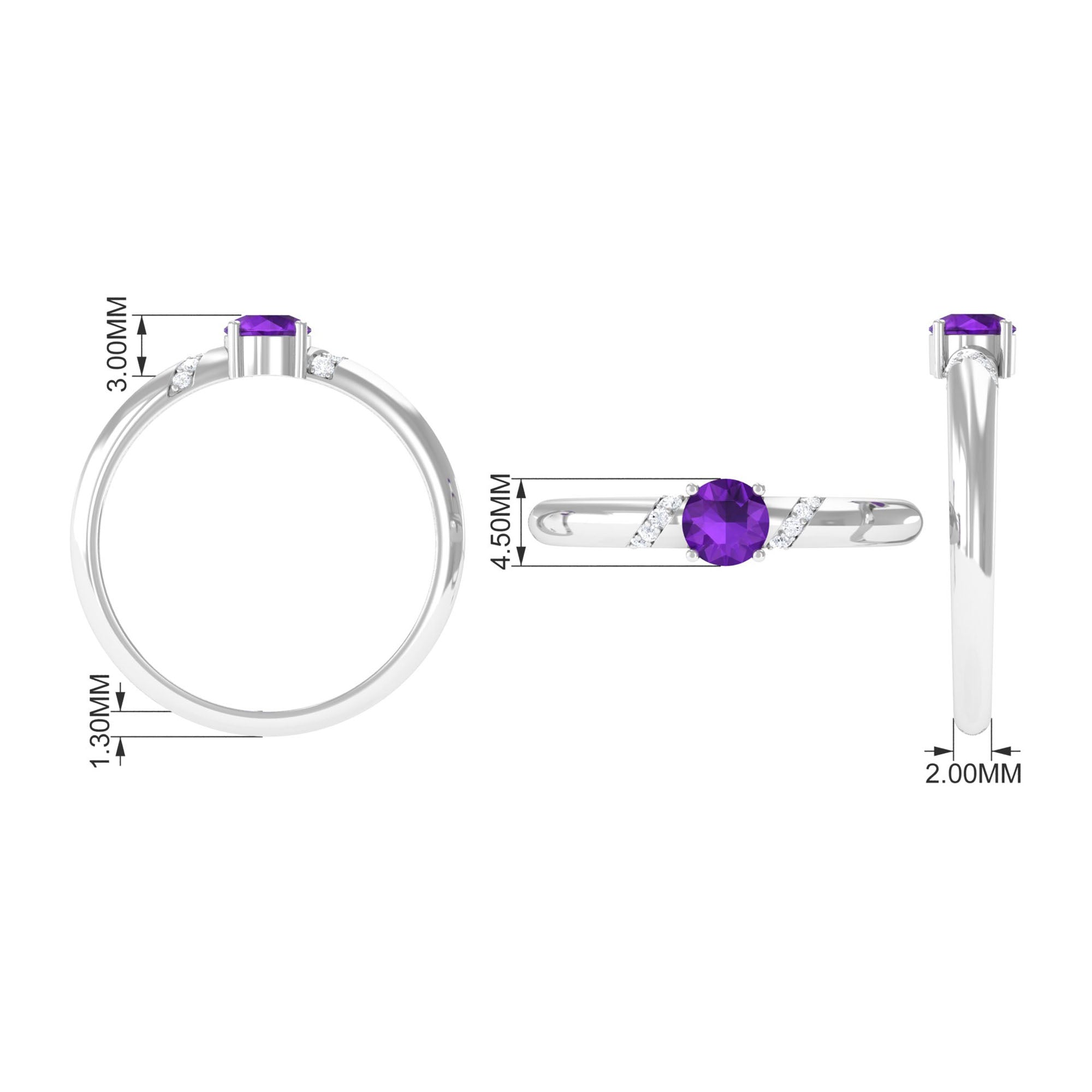 Round Amethyst Solitaire Promise Ring with Diamond Amethyst - ( AAA ) - Quality - Rosec Jewels