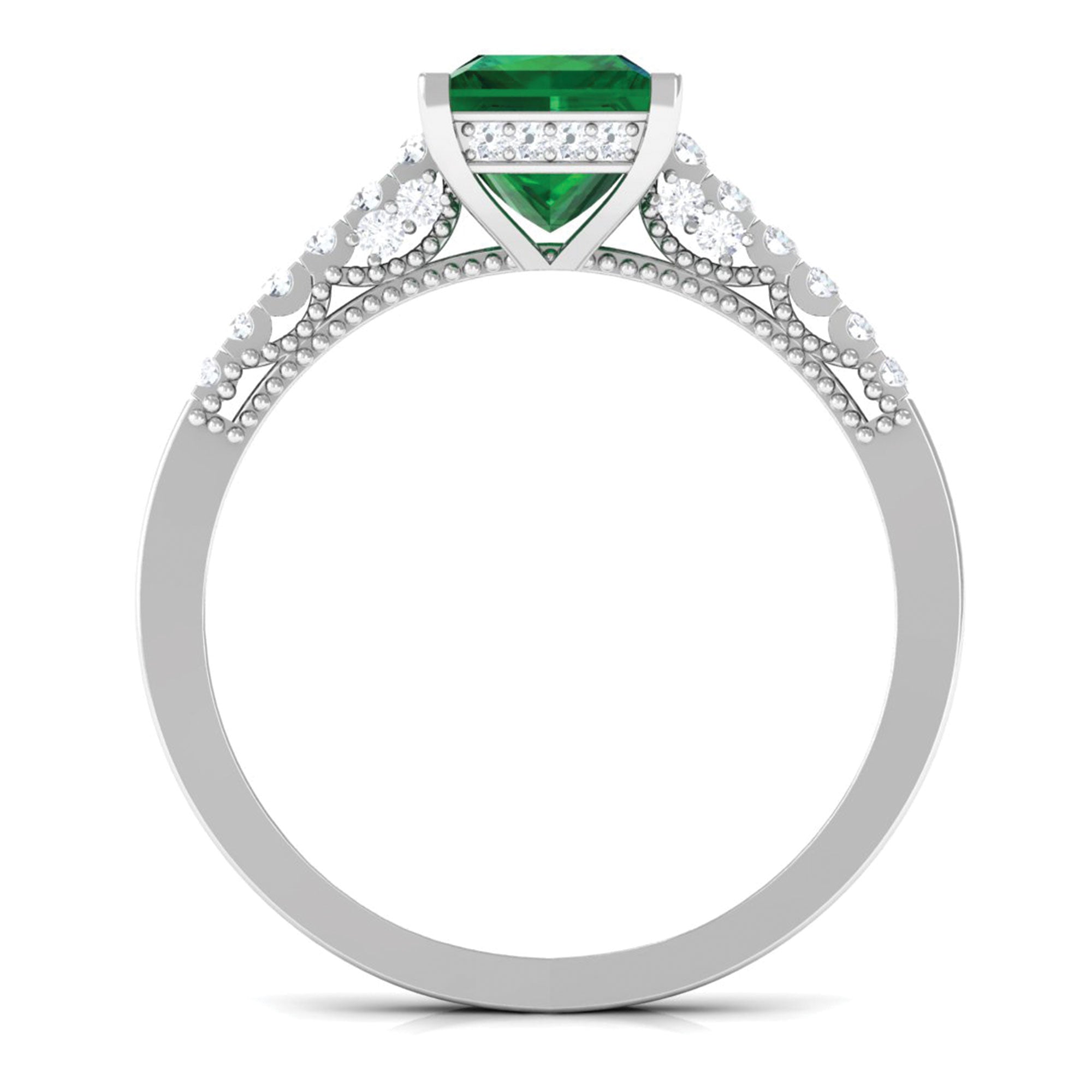 Princess Cut Emerald Milgrain Band Ring with Diamond Side Stones Lab Created Emerald - ( AAAA ) - Quality - Rosec Jewels