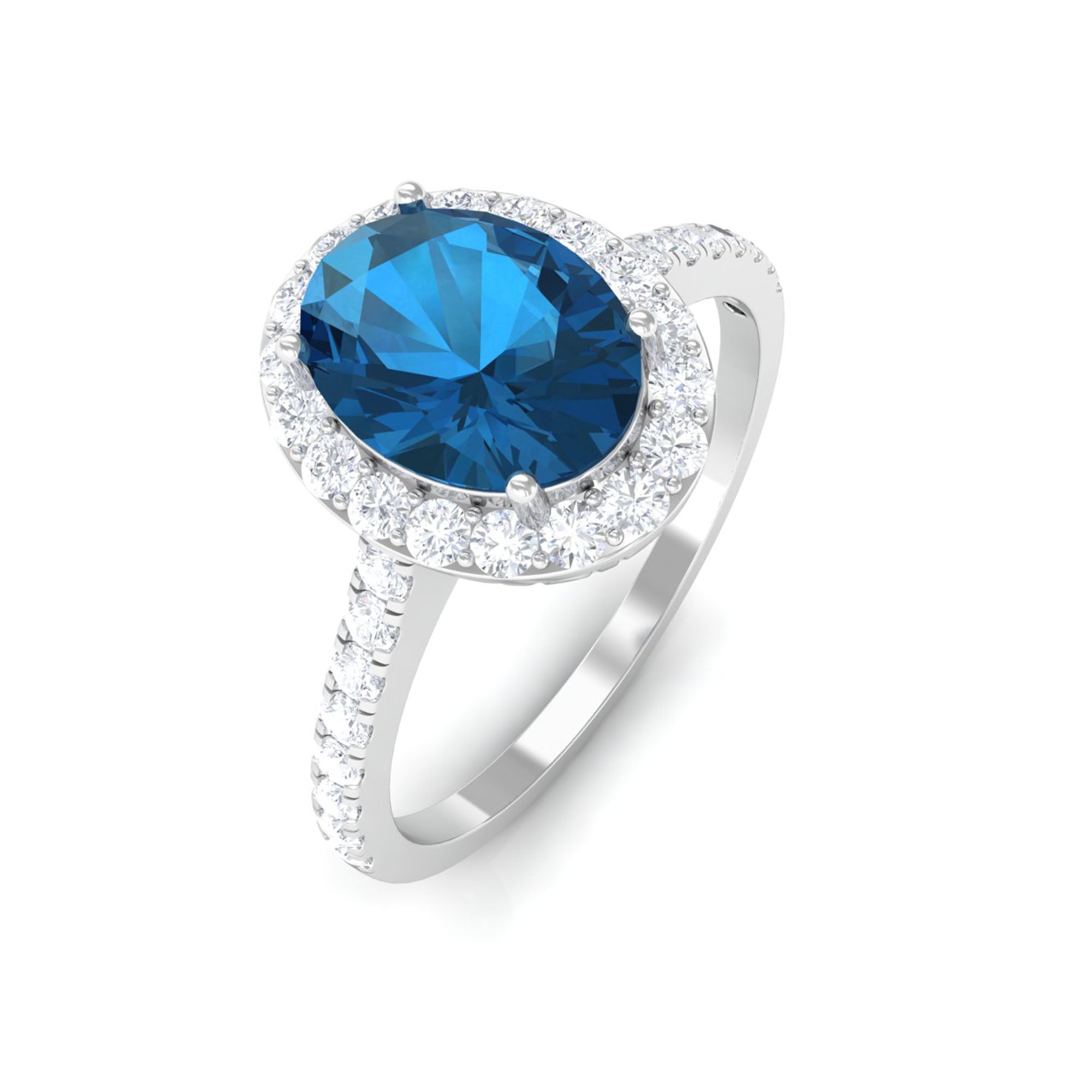 2 CT Oval Cut London Blue Topaz Solitaire Ring with Diamond Halo London Blue Topaz - ( AAA ) - Quality - Rosec Jewels