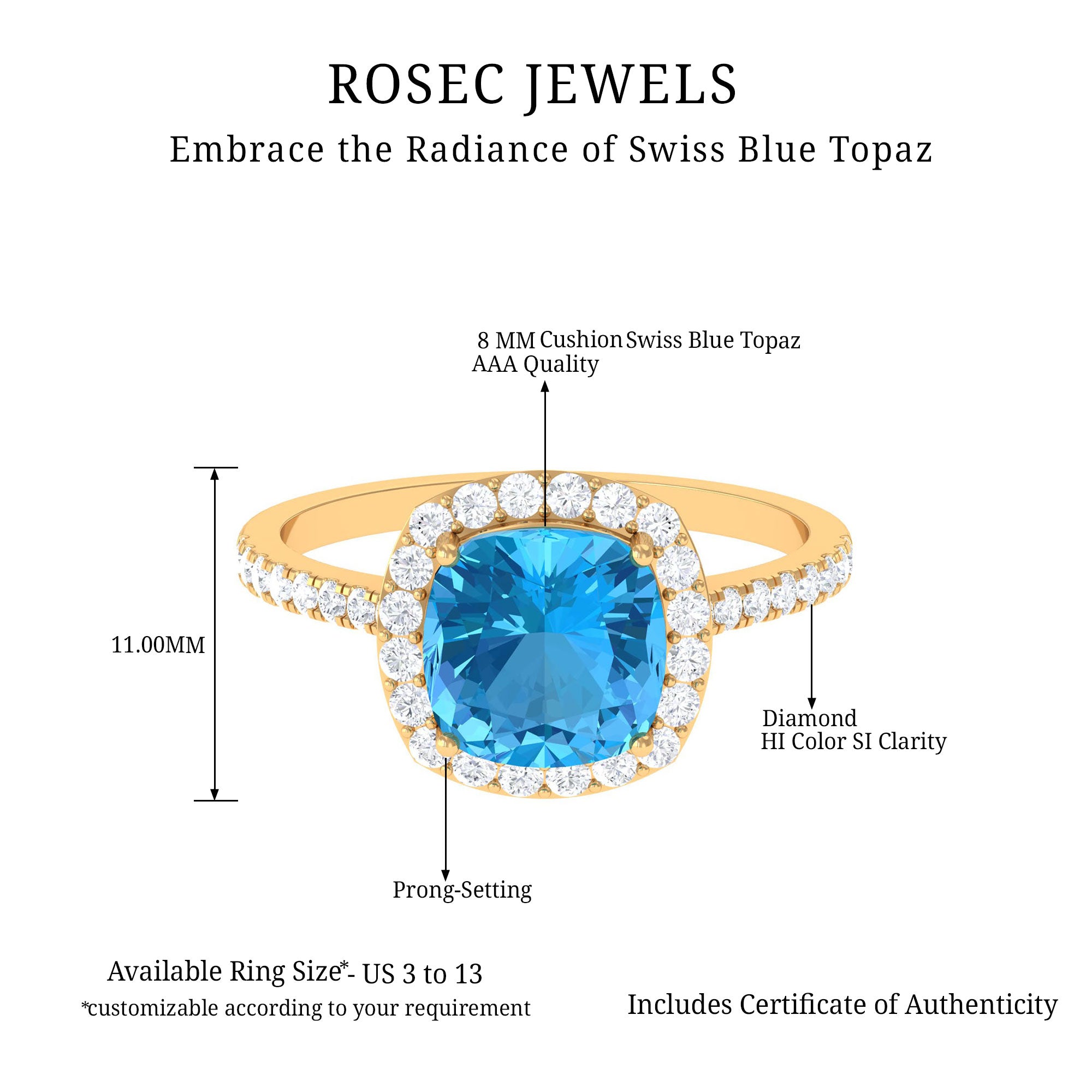 8 MM Cushion Cut Swiss Blue Topaz Solitaire and Diamond Halo Ring Swiss Blue Topaz - ( AAA ) - Quality - Rosec Jewels