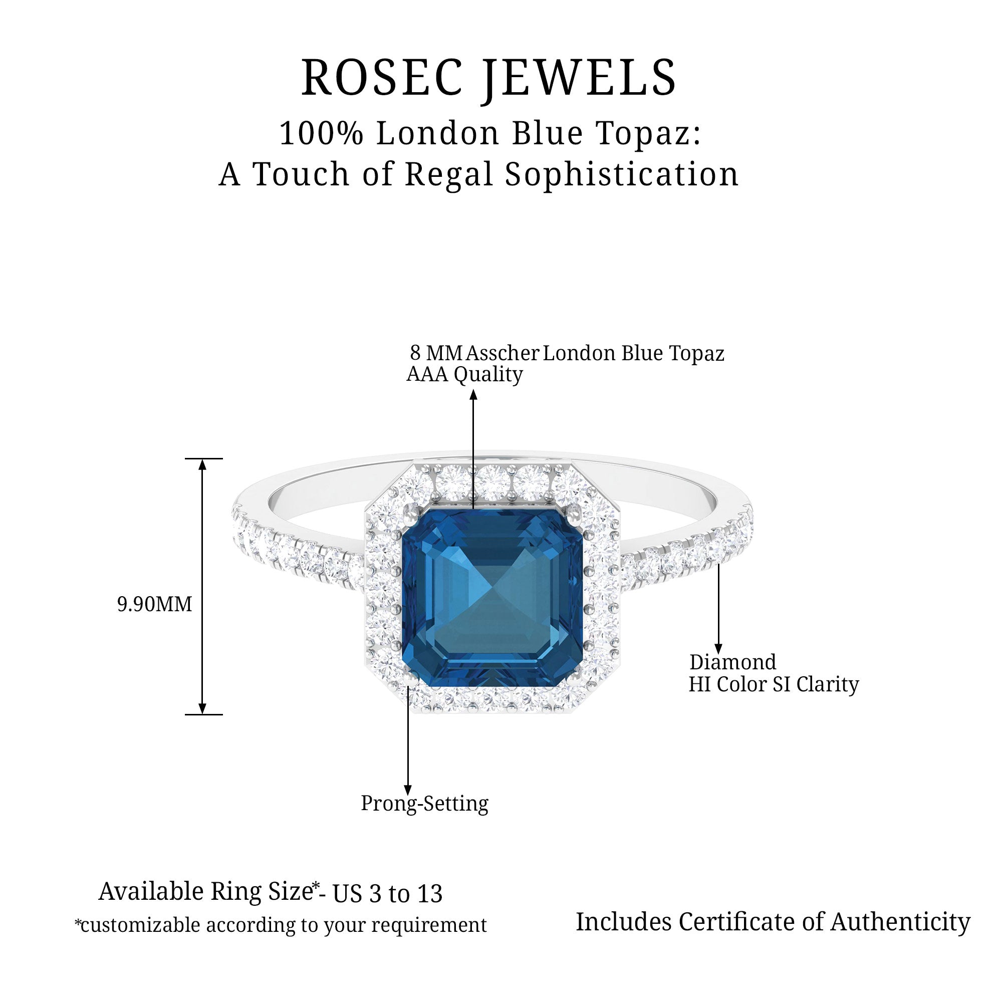 Crown Shank London Blue Topaz Engagement Ring with Diamond Accent London Blue Topaz - ( AAA ) - Quality - Rosec Jewels