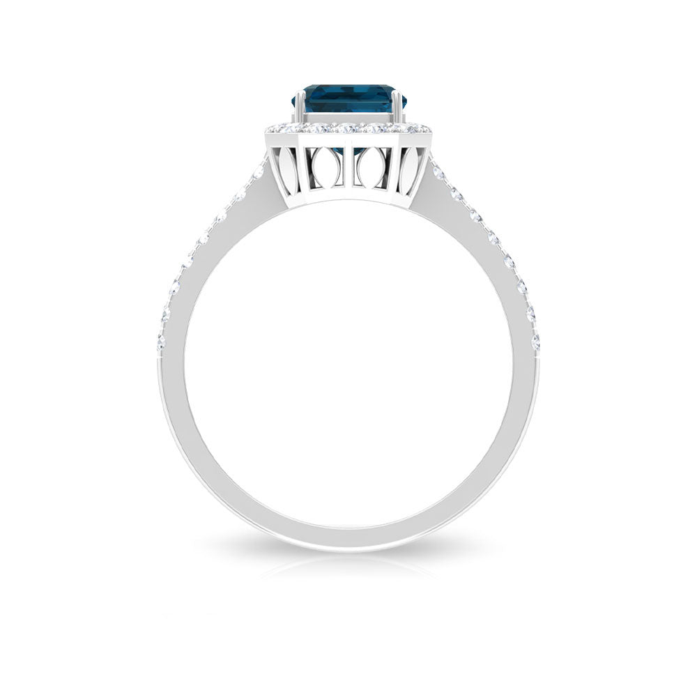 Emerald Cut London Blue Topaz Halo Engagement Ring with Diamond London Blue Topaz - ( AAA ) - Quality - Rosec Jewels