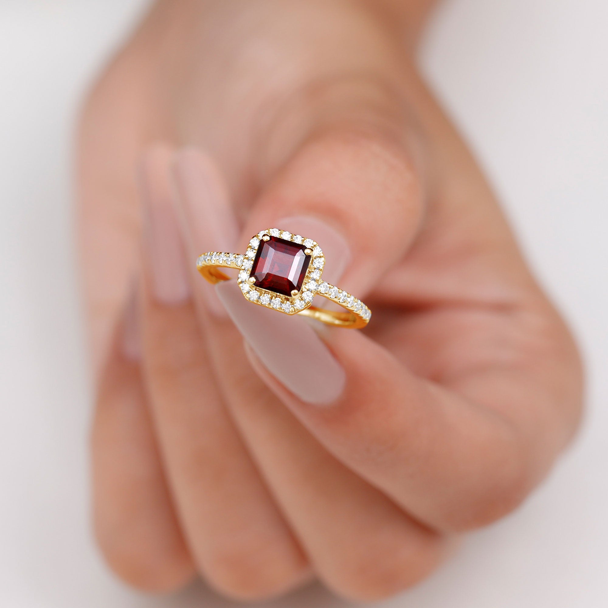 Natural Rhodolite Classic Engagement Ring With Diamond Halo Rhodolite - ( AAA ) - Quality - Rosec Jewels